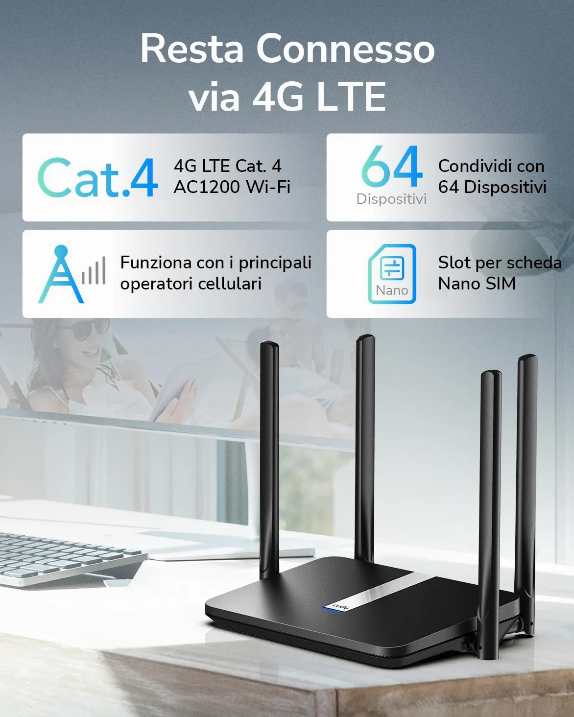 Cudy AC1200 WiFi Mesh Router 4G LTE Con Sim, Dual-Band 1200Mbps,4 porte 100Mbps LAN/WAN, 4 antenne 5 dBi, DDNS, FDD and TDD, VPN, SIM Collega e usa, Alternativa per ADSL, LT500
