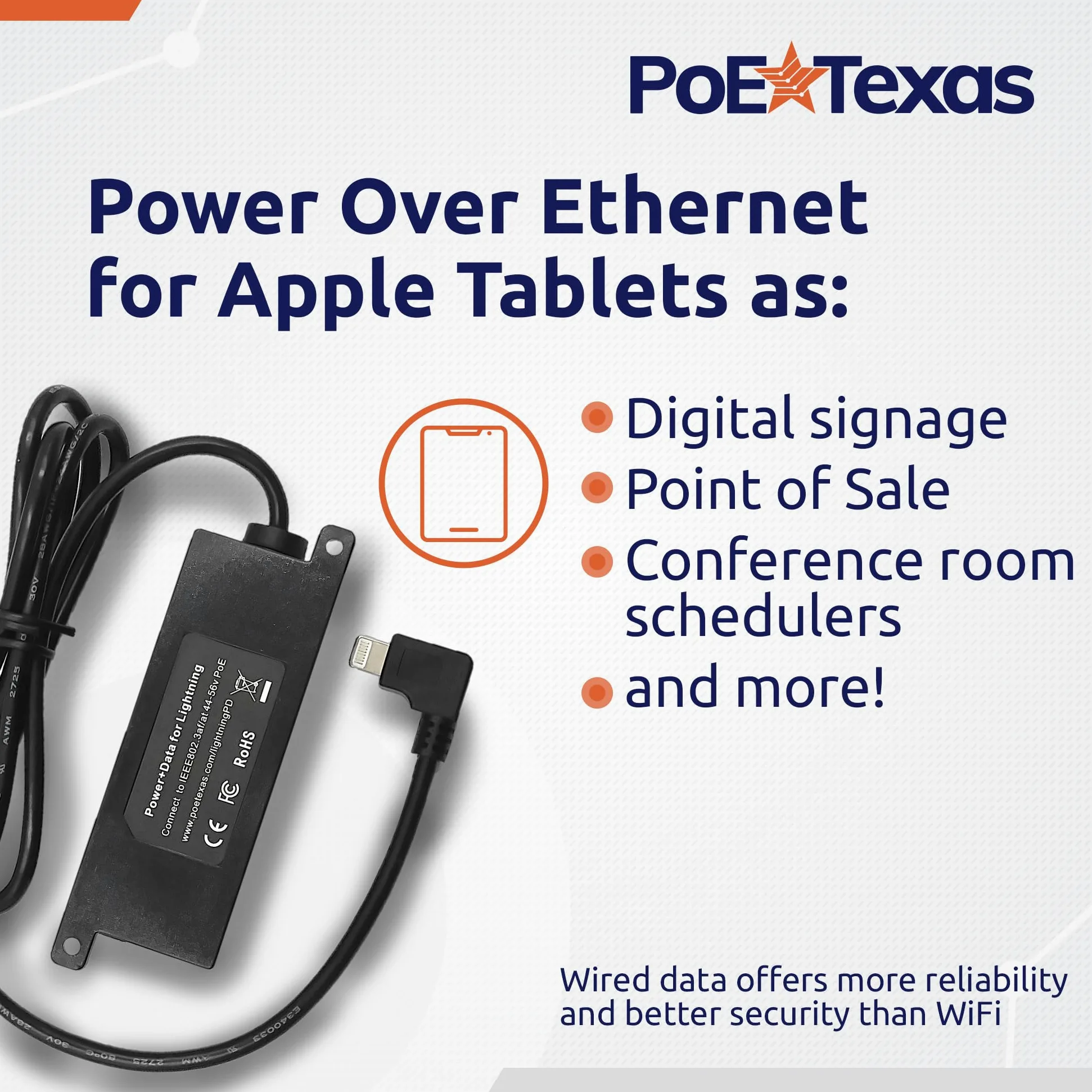 PoE Texas Adattatore da Ethernet a Lightning, alimentazione e dati da 12 W