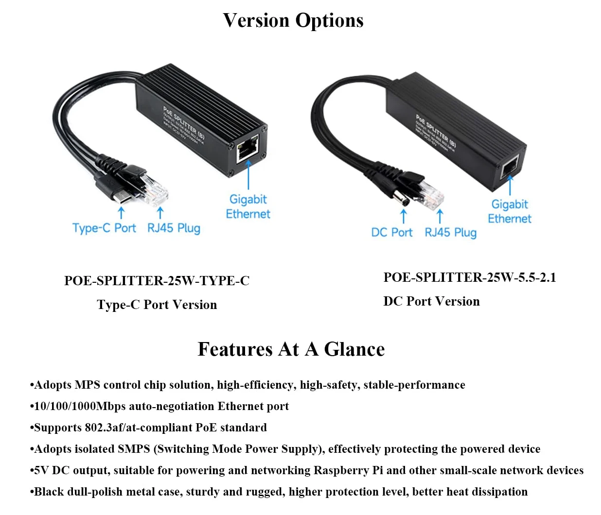 Splitter industriale Gigabit PoE 5V 5A 25W uscita, 1000Mbps, porta USB di tipo C | Power Over Ethernet Splitter compatibile con Raspberry Pi 5 4B 3B+ 3B/telecamera di rete