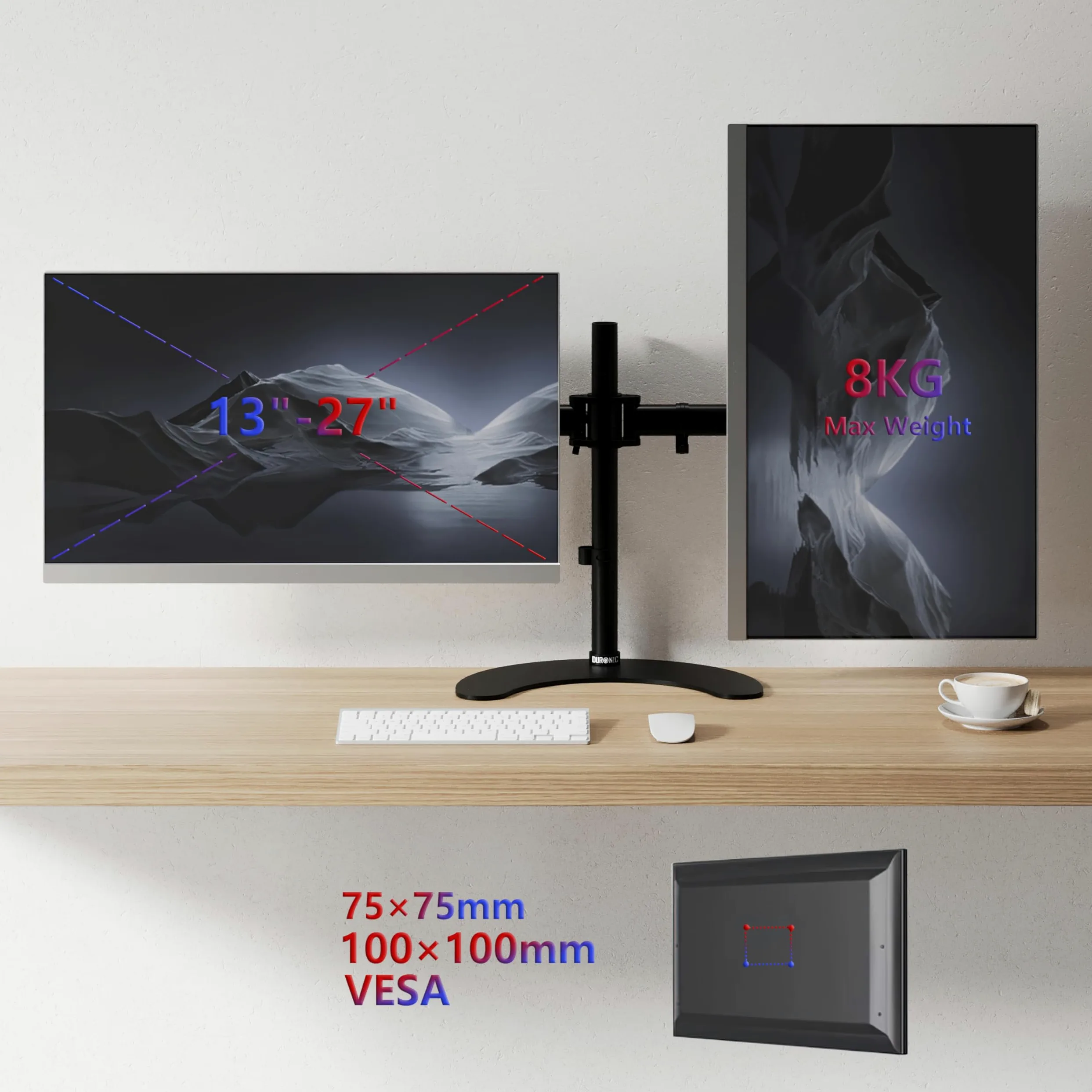 Duronic DM25D2 BK Supporto Monitor doppio per 2 schermi da 13-27 pollici, Braccio monitor PC ergonomico fino 8kg, VESA 75/100mm, regolabile altezza inclinazione girevole, per ufficio casa scuola, nero