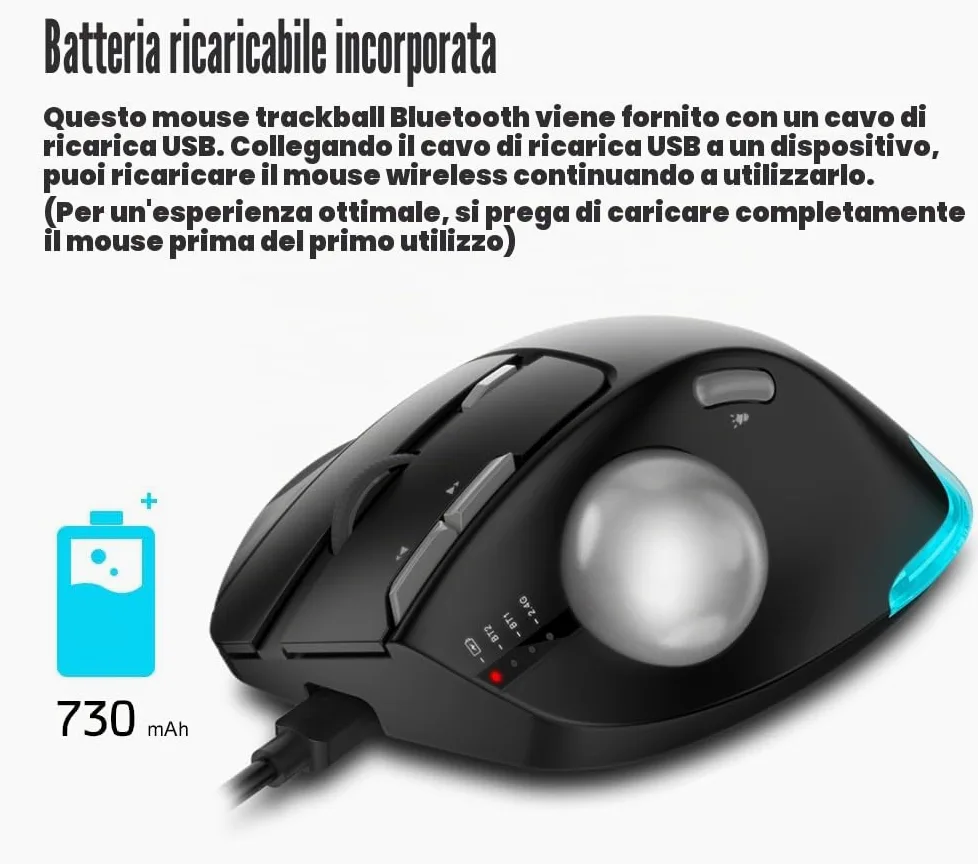 zelotes Mouse Trackball Bluetooth Wireless,Ricaricabile,4800DPI,8 Pulsanti,BT 5.0/3.0 + 2.4G,LED,Design Ergonomico,Mouse Senza Fili per PC,Laptop,Tablets,Nero