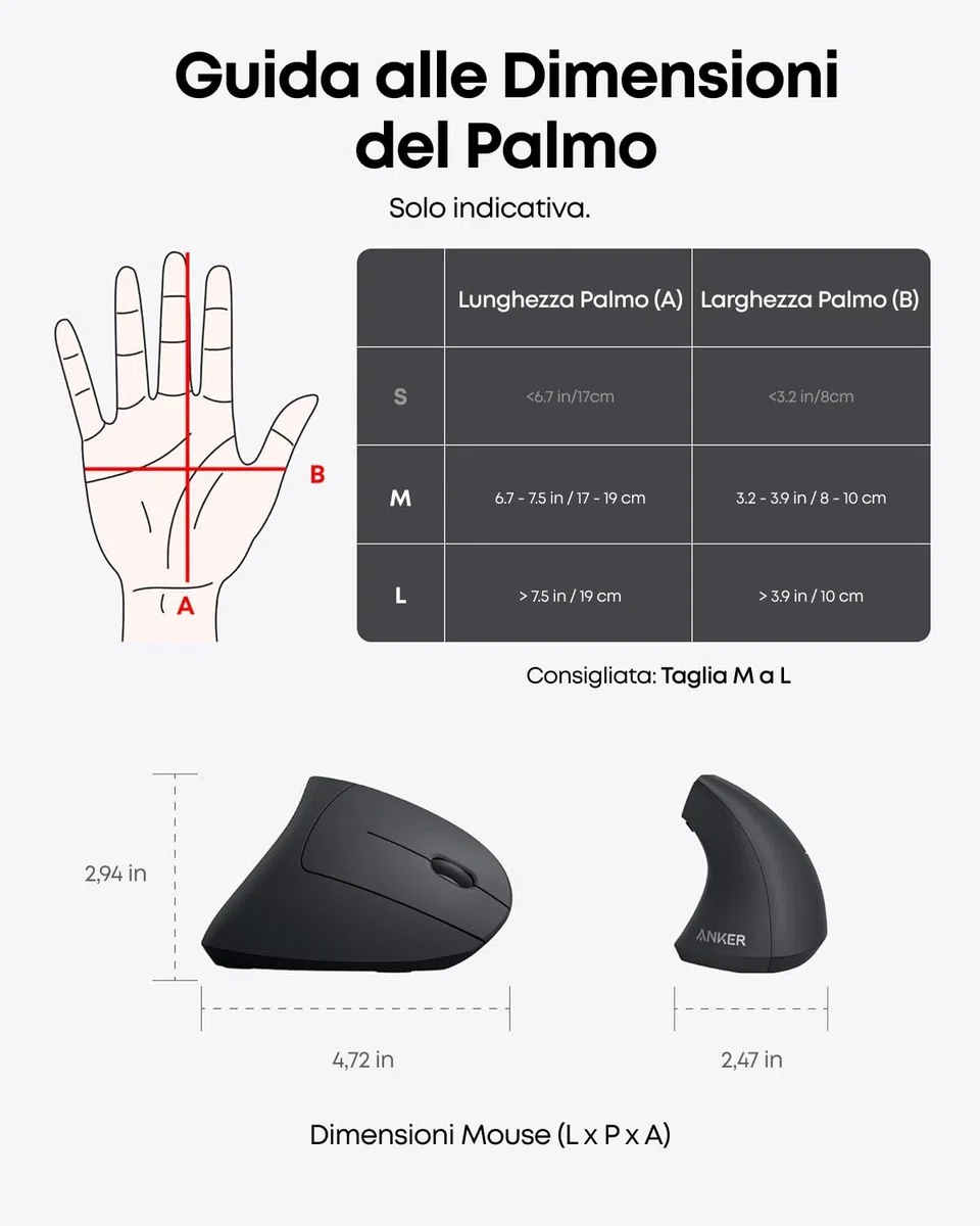Anker Mouse Verticale Wireless - Mouse Senza Fili con Impugnatura Verticale e Design Ergonomico, Nero