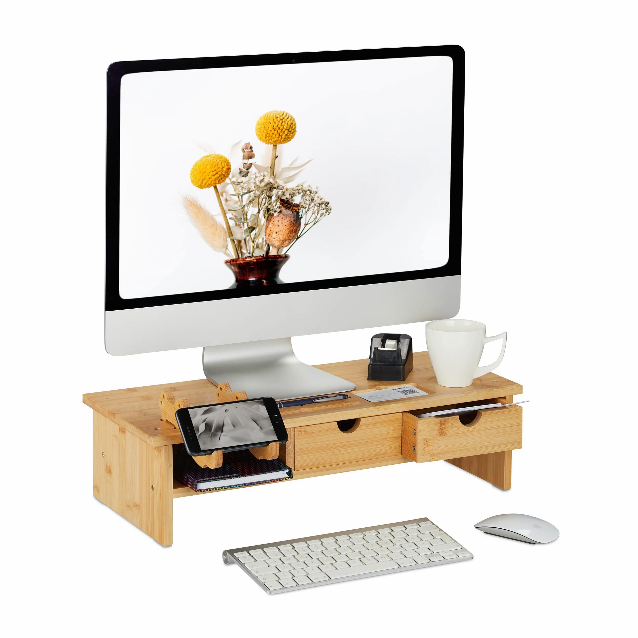 Relaxdays Supporto per Monitor, Rialzo per Schermo PC, Scomparto Porta Cellulare e 2 Cassetti, 14x54x23 cm, Naturale