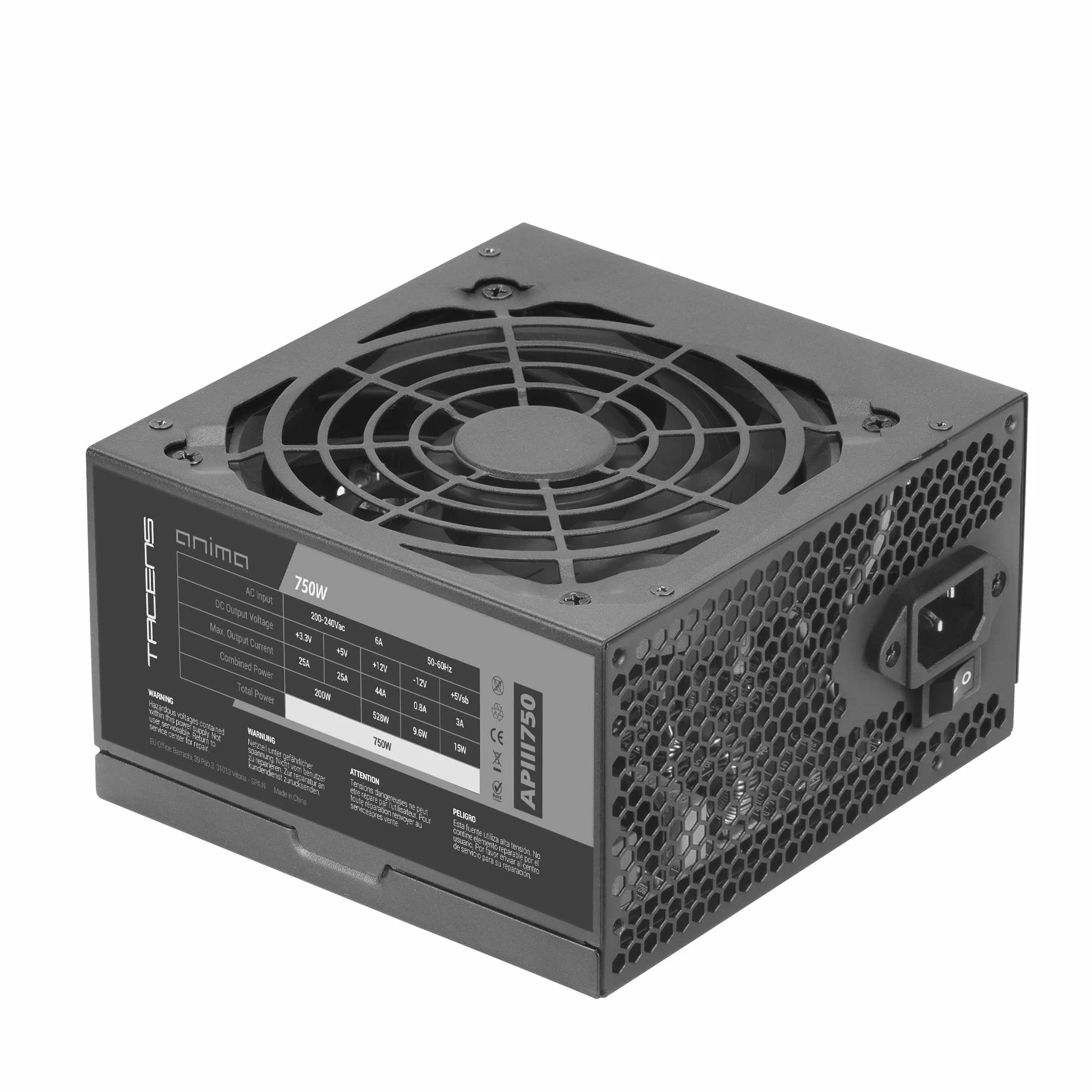 Tacens Anima APIII750, Alimentatore PC ATX 750W, Tecnologie SMD e DC-DC, 85% Efficienza 12V, Ventola Ultra-silenziosa 12cm, Cavi Piatti Extra-lunghi, Nero