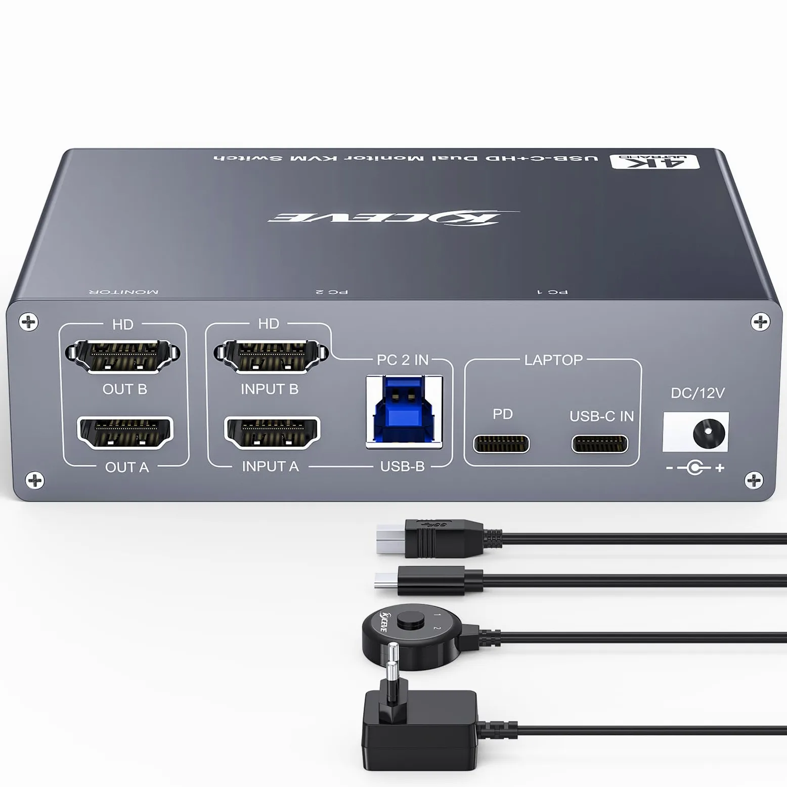 Switch KVM 2 Monitor per 1 Laptop 1 Desktop PC, USB 3.0 KVM Switch 2 PC 2 Monitor USB-C, 4K @ 60 Hz, MST, PD 100 W, Aluminium, Wired Remote(4K USBC HD 2 in 2 out)