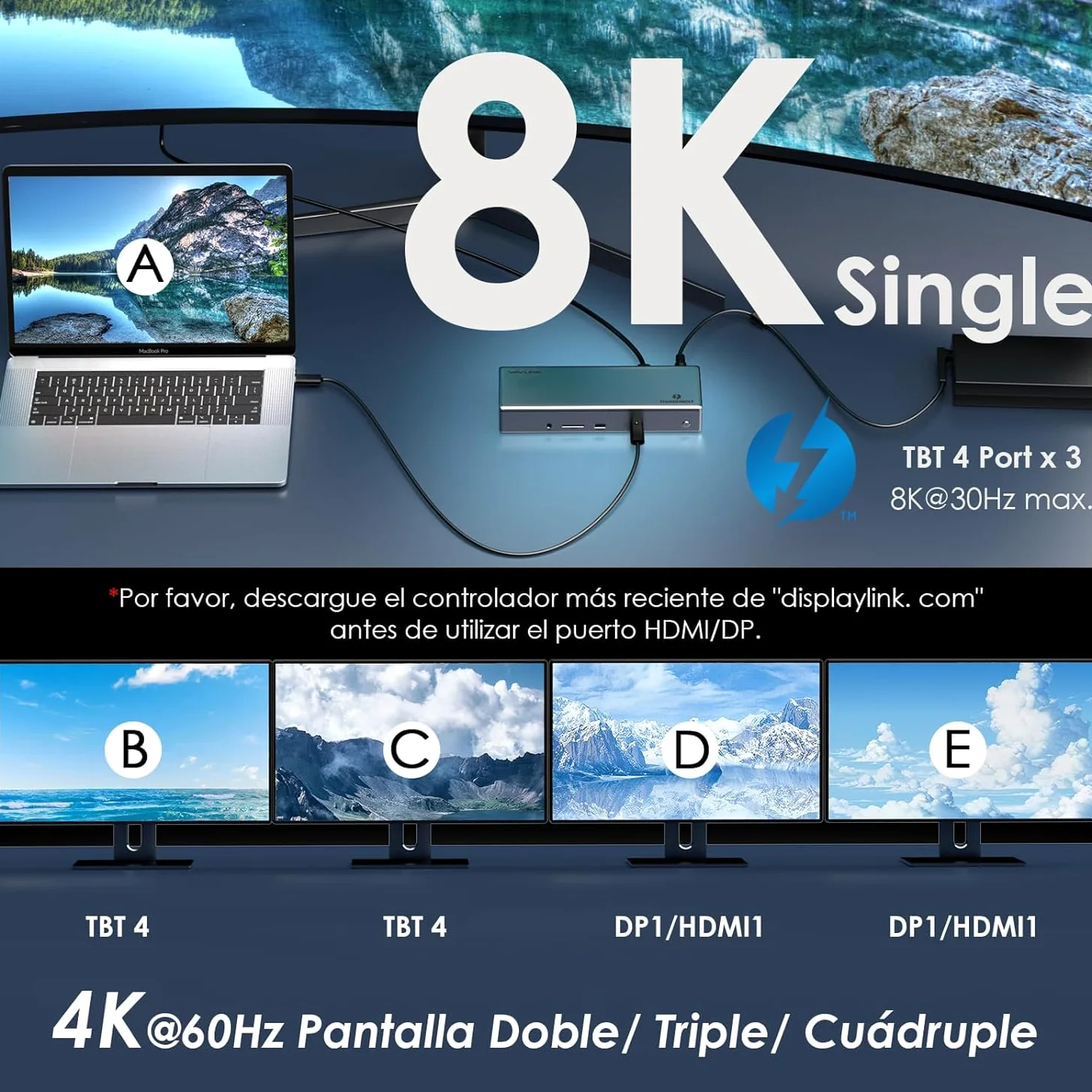 WAVLINK Thunderbolt 4 Docking station 15 in 1, 98 W PD, Single 8 K/Quad 4K Display Docking station con 2 DP/2 HDMI, 4 porte Thunderbolt 4, 4 porte USB A, 2.5 GbE, SD, audio/Mic, compatibile con