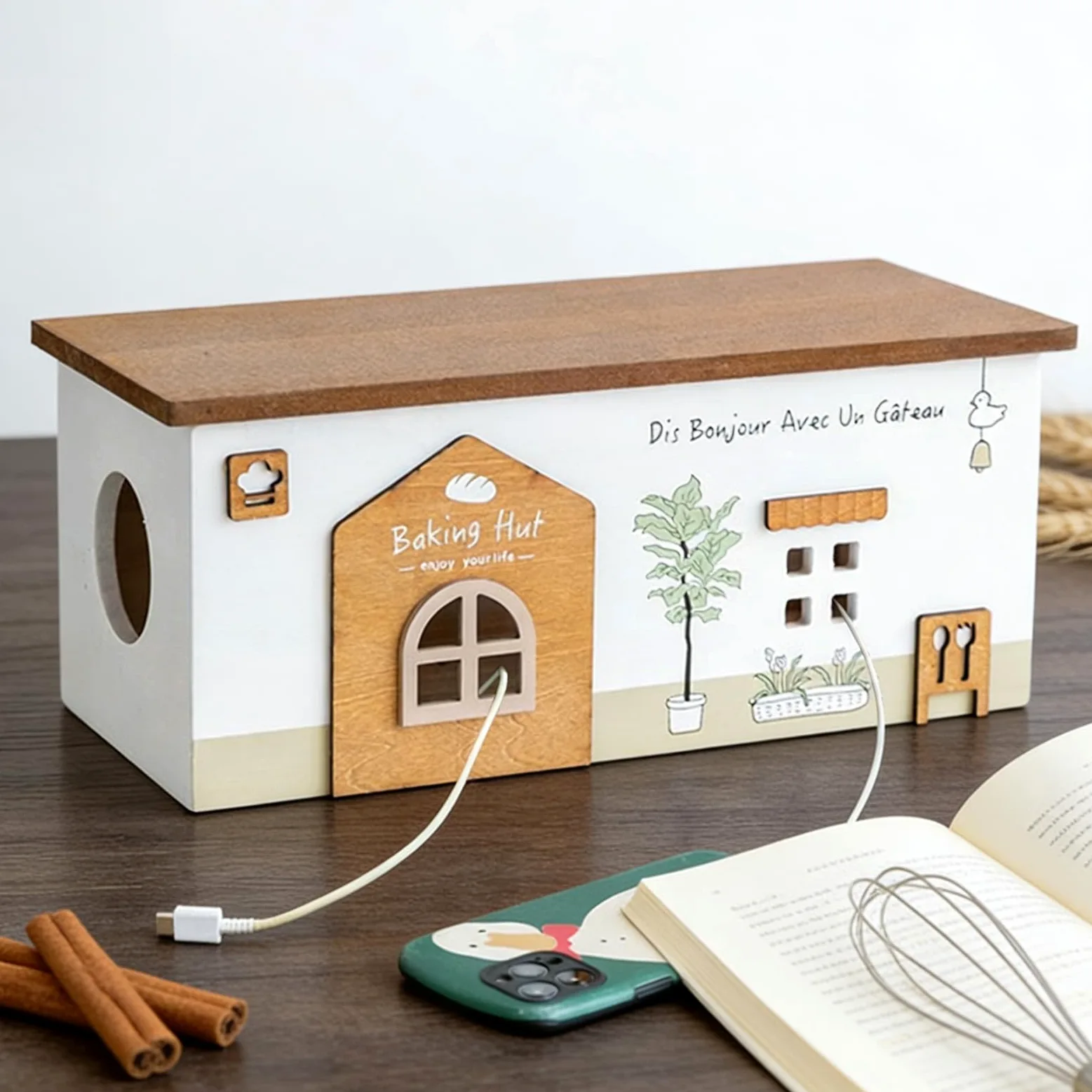 Organizzatore Cavi Cestini Design a Cabina Realizzati in Legno | Custodia Cavi Multiuso Per Scrivania Elettronica Telefono TV Viaggio Esterno