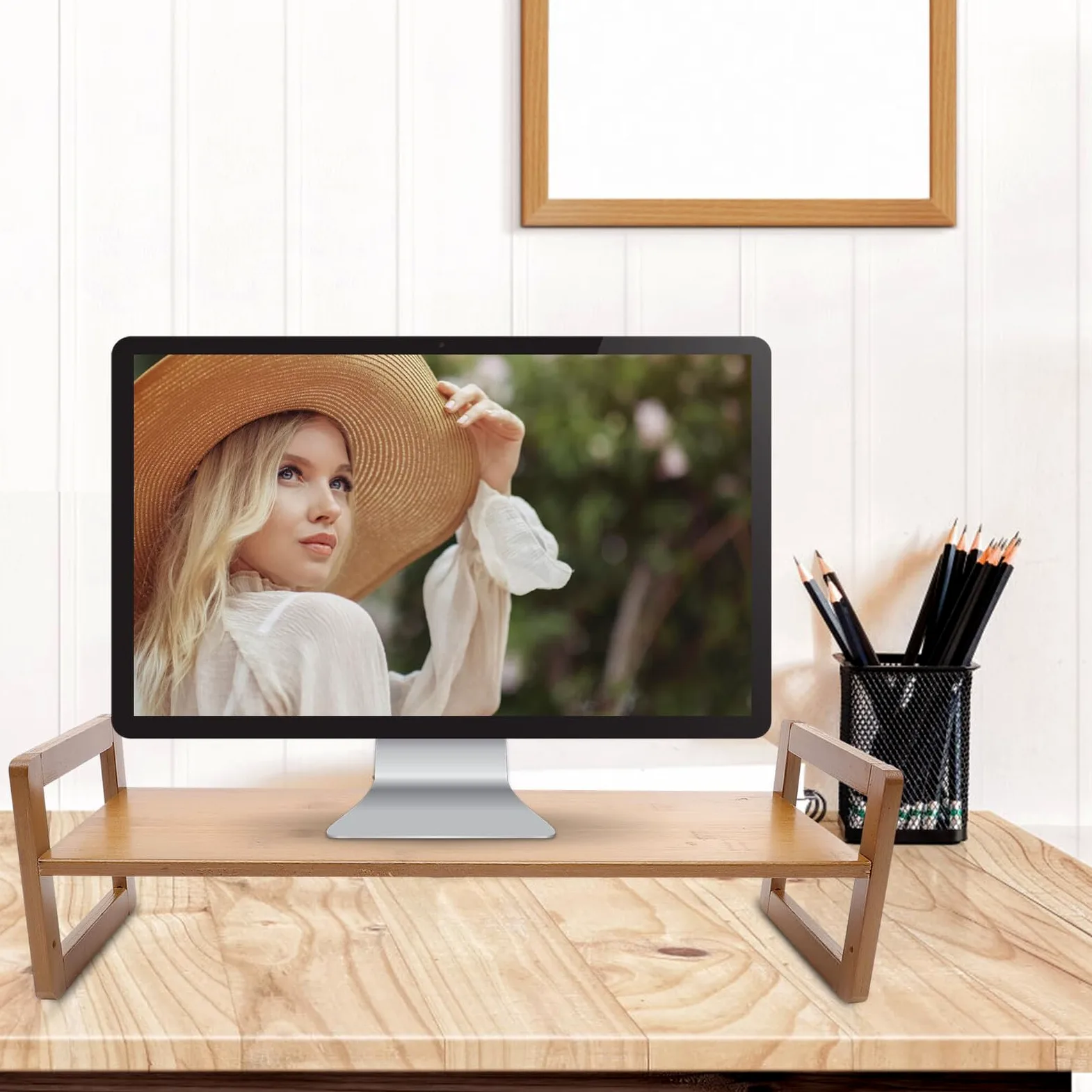 BESPORTBLE Supporto Monitor da Scrivania in Legno con Rialzo Ergonomico per Laptop e Mensola Porta Portatile Alza Monitor Fisso per Casa e Ufficio Organizzatore Desktop Resistente e