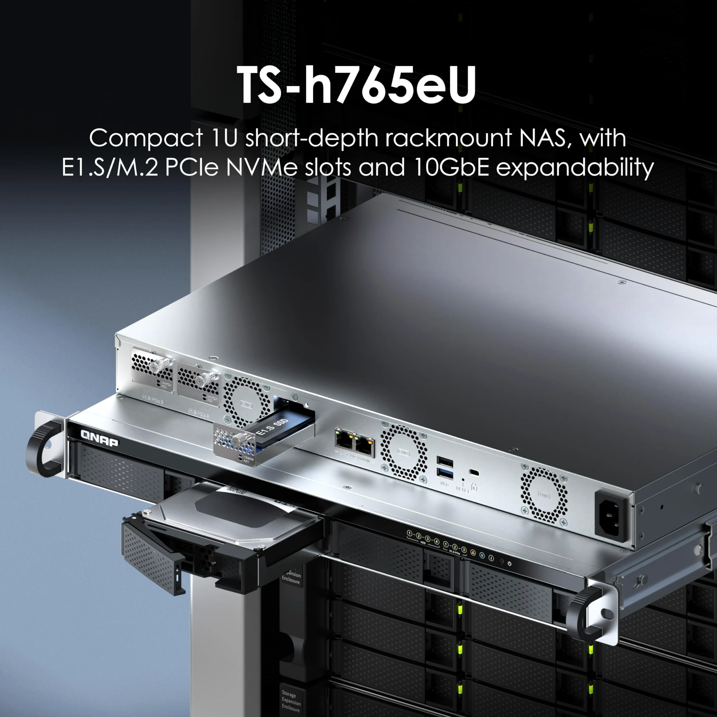 QNAP TS-h765eU-8G-US NAS a 4 alloggiamenti a breve profondità 1U con 3 slot NVMe PCIe E1.S/M.2