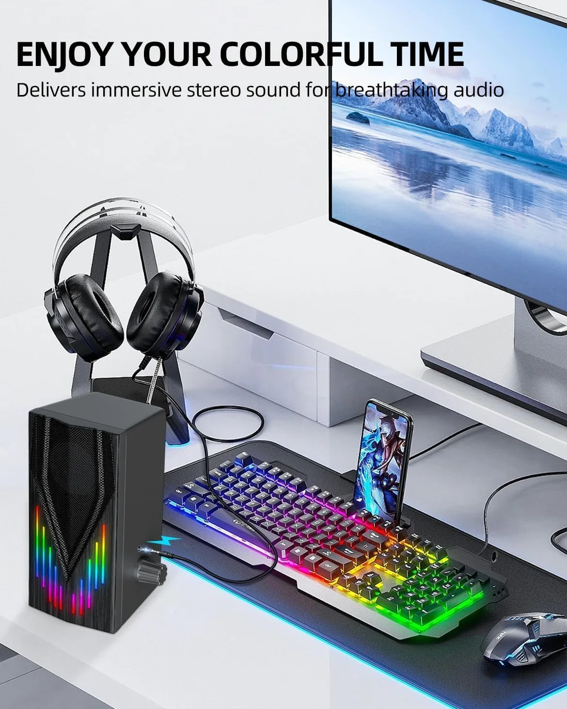 Uakinat Altoparlanti per computer con 6 luci RGB colorate, alimentati tramite USB AUX da 3,5 mm con suono stereo forte, ingresso cuffie per desktop, PC/laptop/tablet telefono