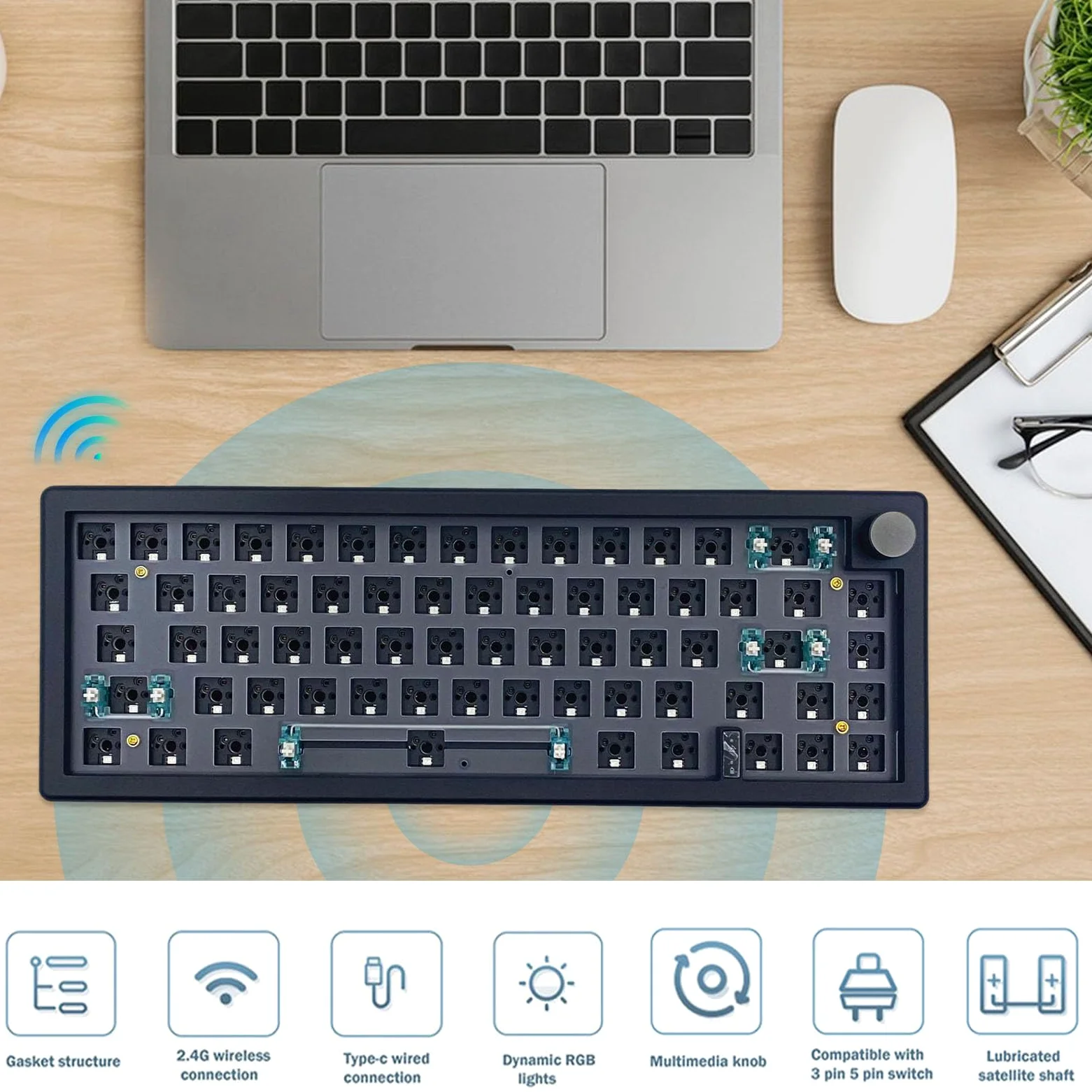Tastiera meccanica wireless – Tastiera meccanica retroilluminata RGB | compatta per PC per giochi – Computer da scrivania portatile tastiera wireless 67 tasti forniture ufficio per soggiorno