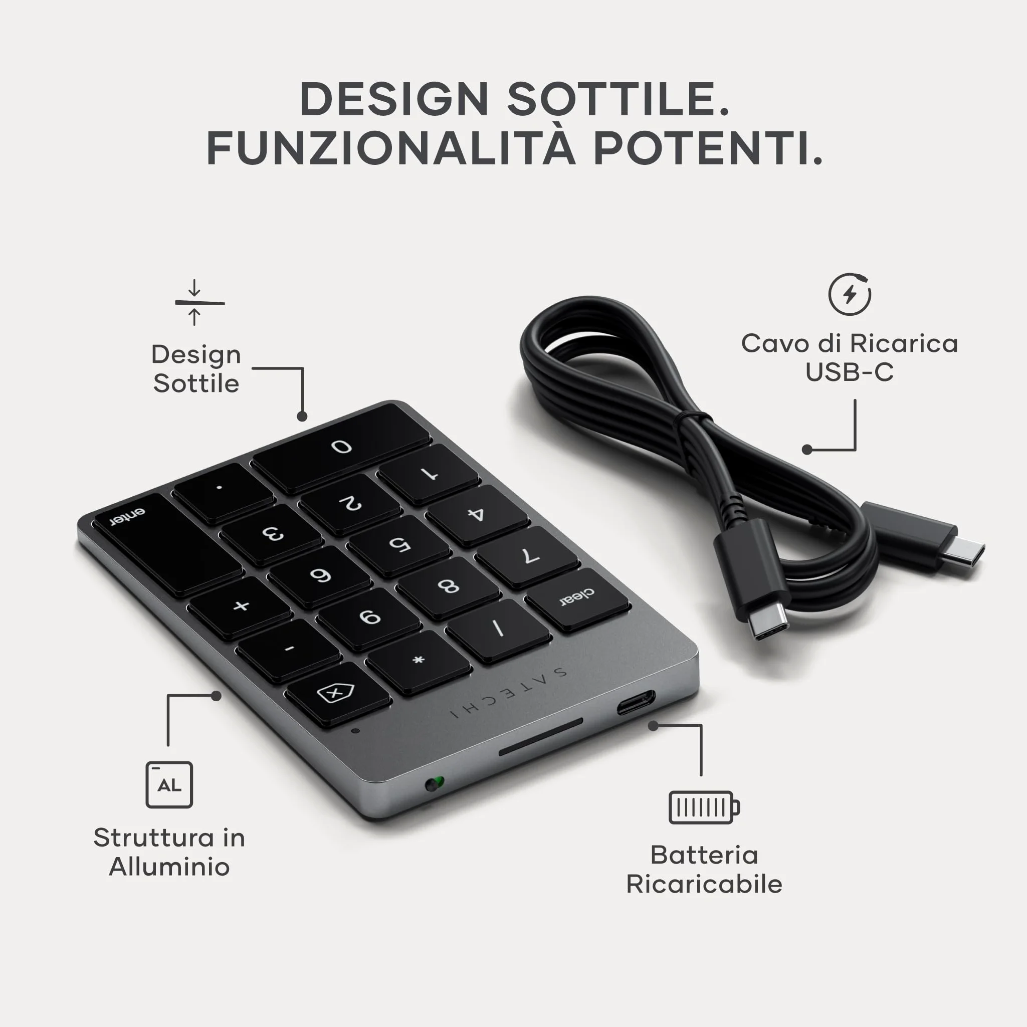 Satechi Tastierino Numerico Wireless Slim in Alluminio con 18 Tasti, Bluetooth, Ricarica USB-C per MacBooK, Laptop, PC, iPad (Grigio Siderale, 𝐋𝐚𝐲𝐨𝐮𝐭 𝐔𝐒)
