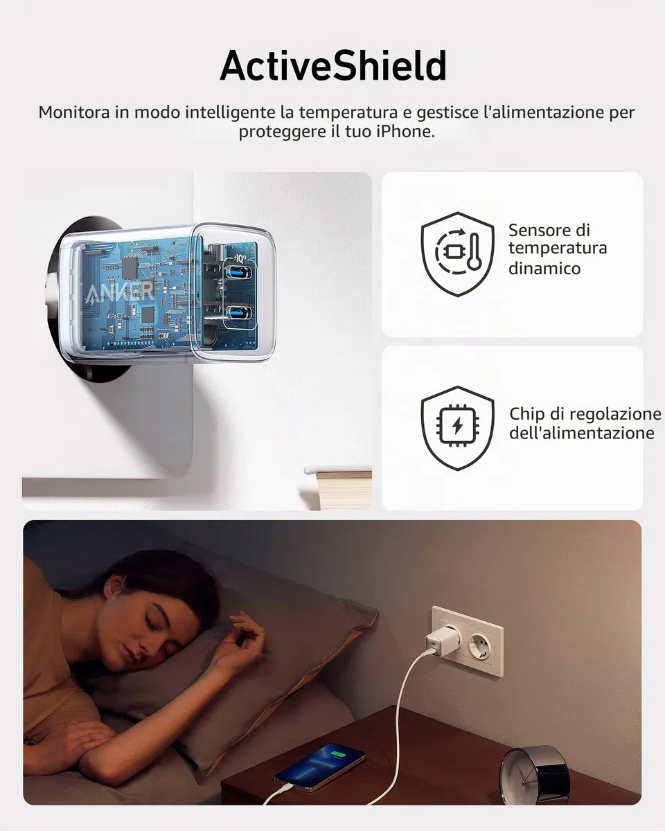 Anker Nano 521 Caricatore USB C 40W, Compatto PIQ 3.0 a Doppia Porta USB-C, Compatibile con iPhone 17 Pro Max/Serie 16-12, iPad Mini, MacBook Air e Altro (Bianco)