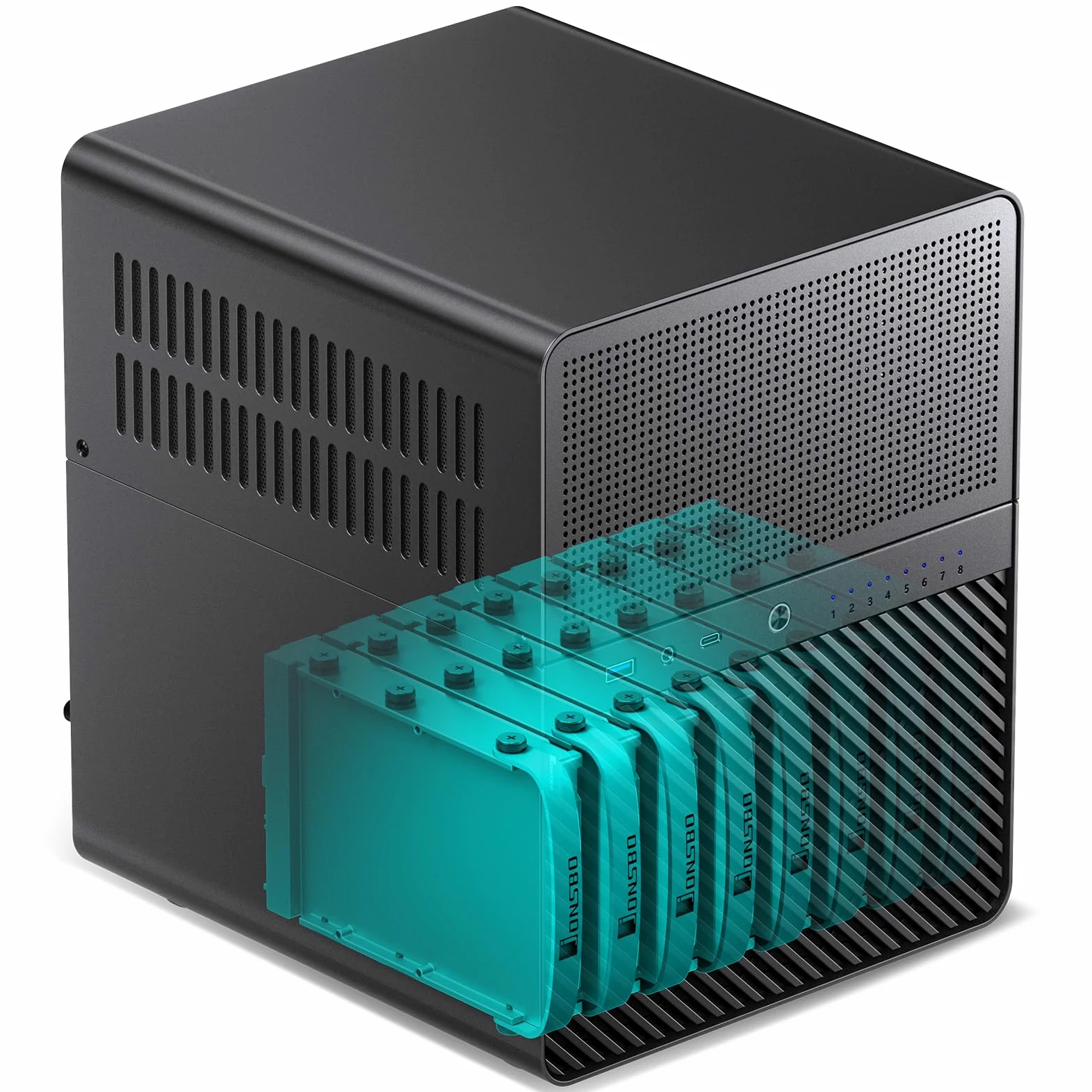 Jonsbo N3 NAS Case Nero – Case Mini-ITX compatto in alluminio per 8x HDD da 3,5", hot-swap, 2 ventole da 80 mm, alimentatore SFX, USB-C