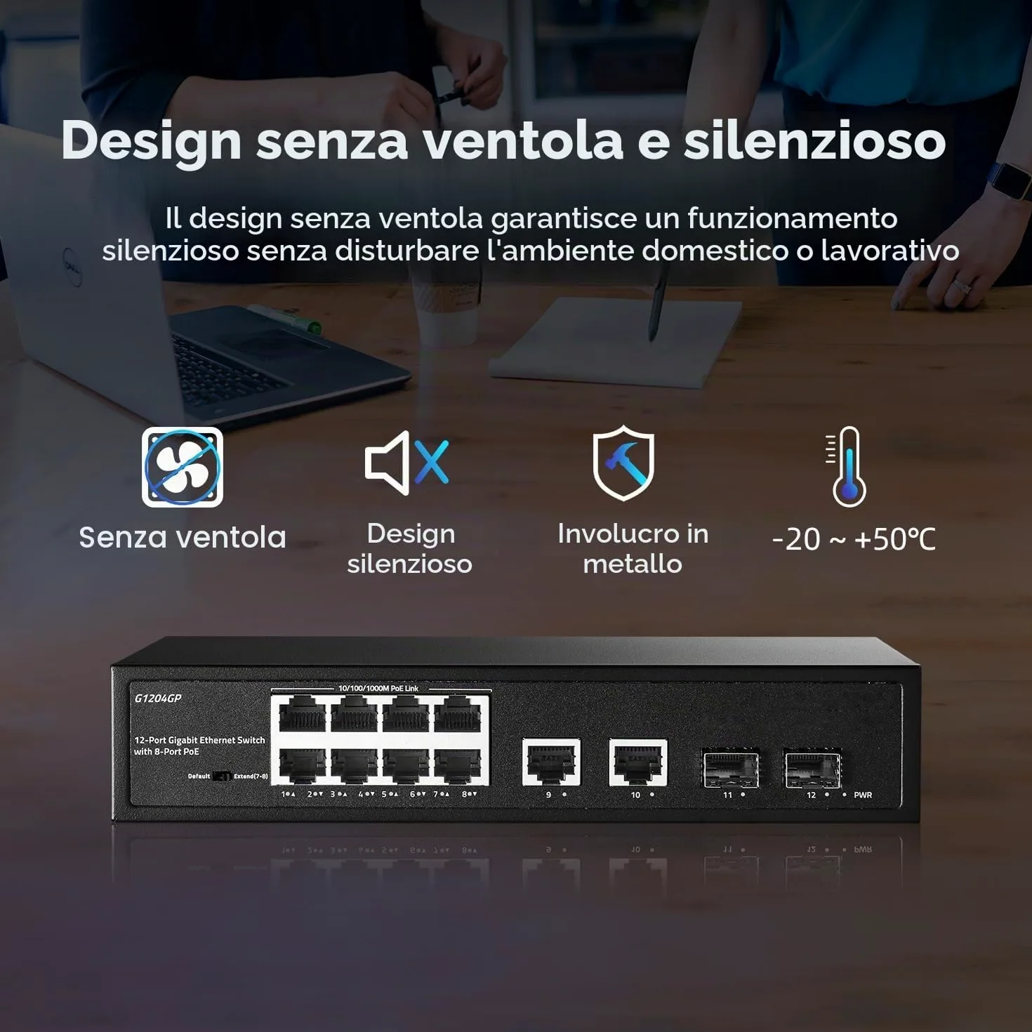 YuLinca Switch 12 porte Gigabit PoE, 8 GE PoE+, 2 GE Uplink, 2 Gigabit SFP Slot, IEEE802.3af/at Max 120W, Switch Ethernet Plug&Play non gestito senza ventola
