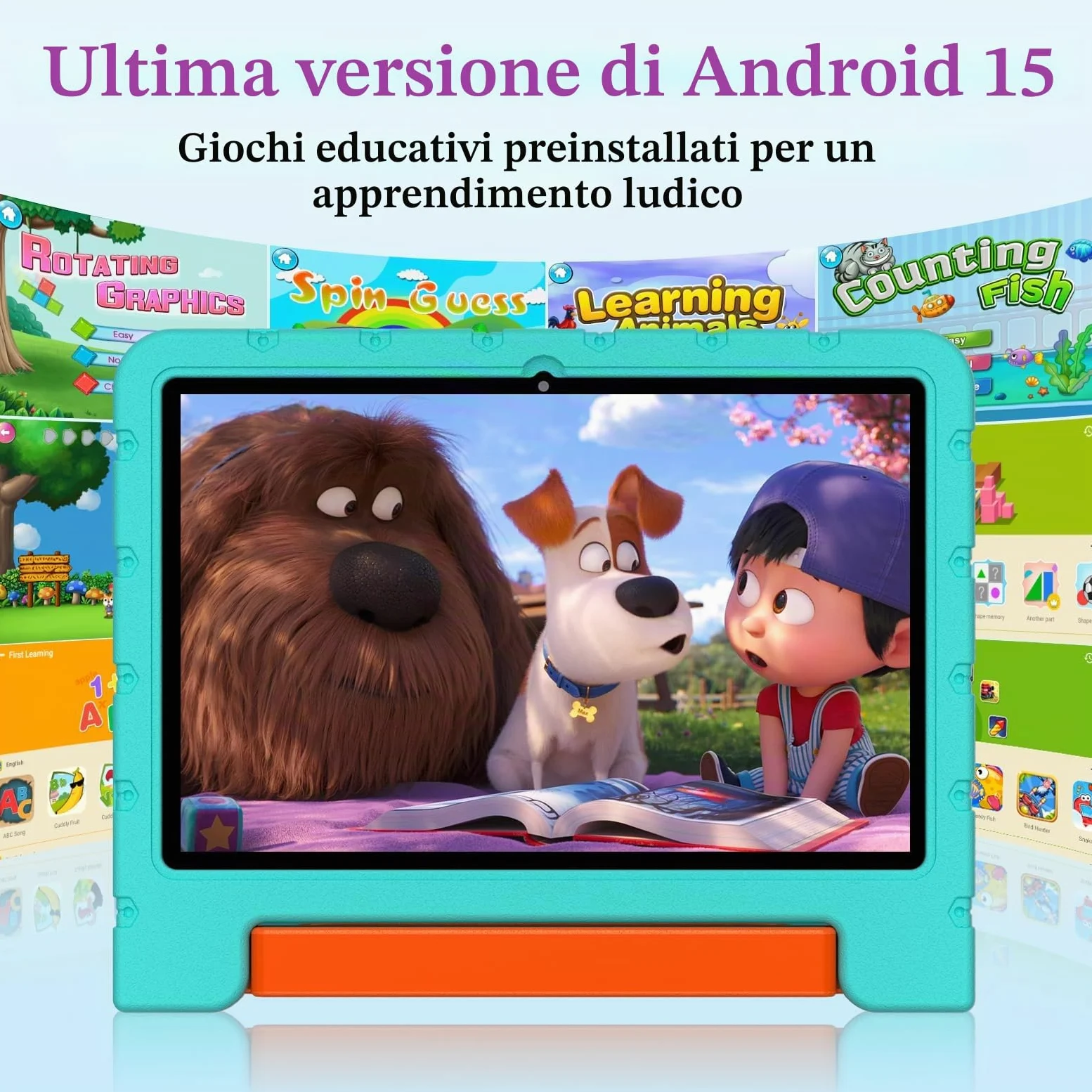 ZIOVO Tablet Bambini 10 Pollici Tablets Android 15, 30GB RAM+64GB ROM(TF 2TB), 5G WiFi Tablets,Gemini AI/Octa-Core/Widevine L1/Face ID/Parentale Controllo/6000 mAh/BT 5.0, Tablet con Eva Caso- Verde