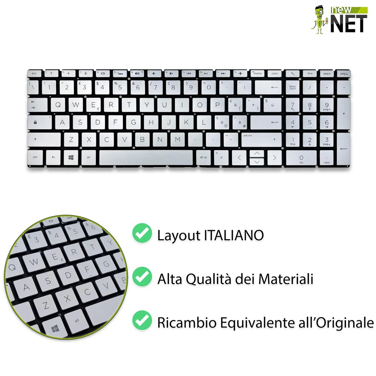 new net - Tastiera Compatibile con HP Pavilion 15-CW, 15-cw0000, 15-cw0006nl, 15-cw0009nl, 15-cw0010nl, 15-cw0011nl [Senza Frame - Colore Tasti Argento - Retroilluminata - Layout ITA]