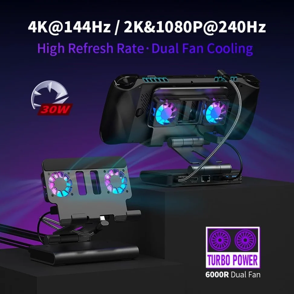 Raffreddamento palmare 4K a 60Hz con Gigabit Ethernet per OneXPlayer per apex per Steam Deck Switch per Legion Go - Supporto regolabile Dual Fan Base (Grigio)