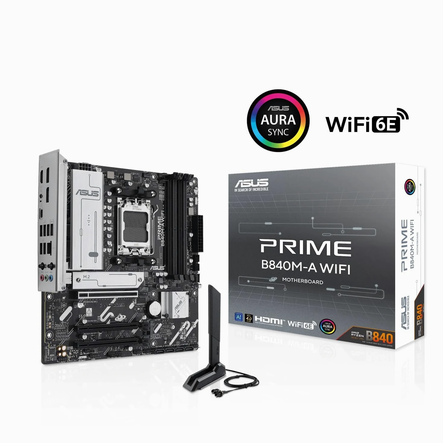 ASUS PRIME B840M-A WiFi, Scheda Madre AMD mATX, Slot DDR5, PCIe 4.0 Ready, 3 slot M.2, WiFi 6E, Ethernet Realtek 2,5 GB, DisplayPort, HDMI, USB-C da 5 Gbps Fronte e Retro, BIOS Flashback e Aura Sync