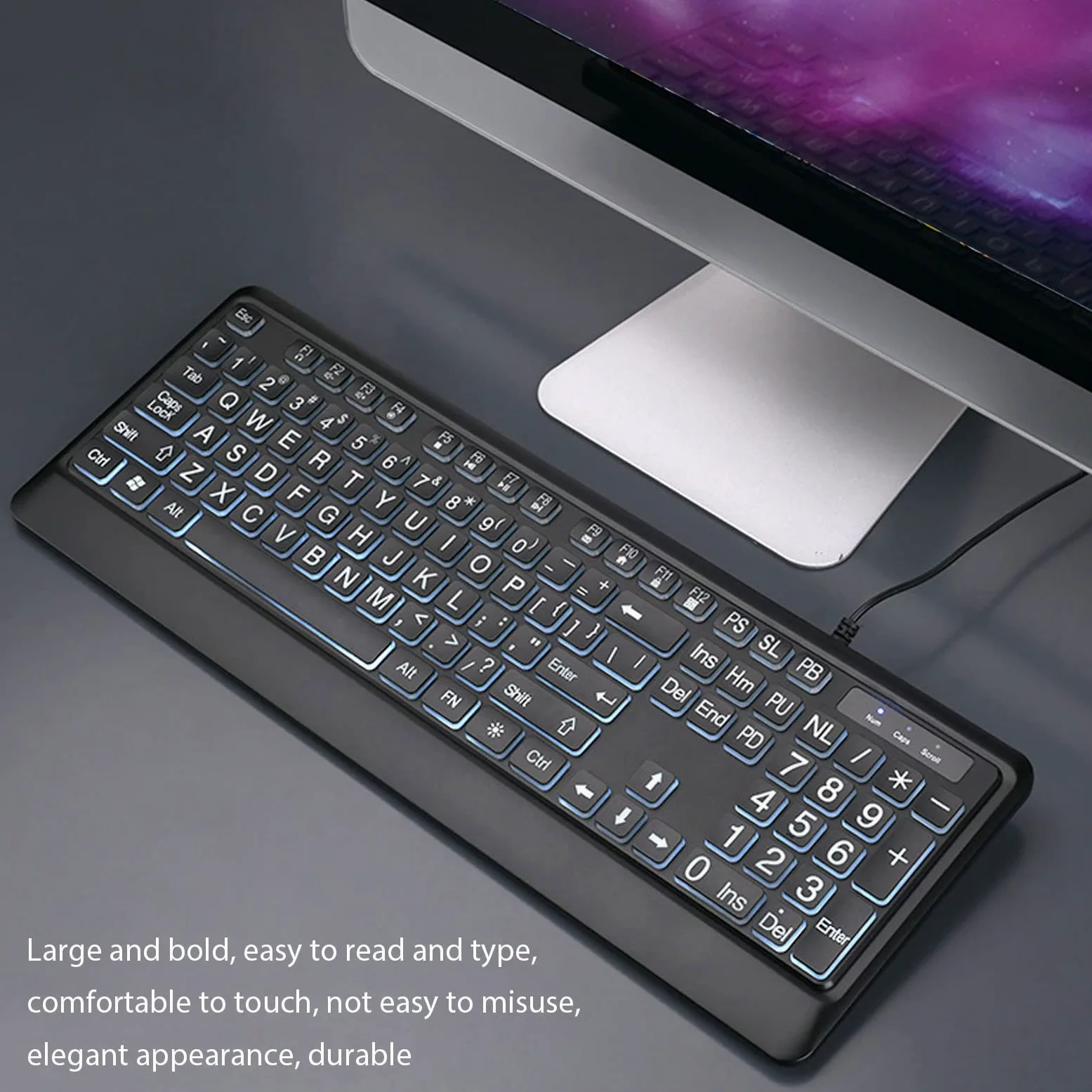 Tastiera con Stampa di Grandi Dimensioni Lettere Grandi in Grassetto Design Ergonomico per Anziani Non Vedenti Biblioteche Retroilluminazione a LED Bianca USB Cablata