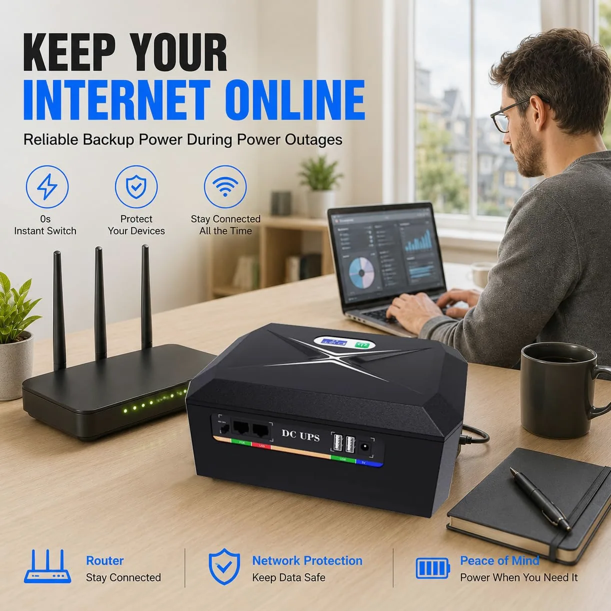 Mini UPS per Router Wifi,24000mAh Mini UPS Batteria di Backup con POE 1Gbps,4Porti DC 12V/3A, 1Port 5V/9V/12V-2A, 1Port USB 5V/2A Protezione Antisurge Ricaricabile Integrata (60W)