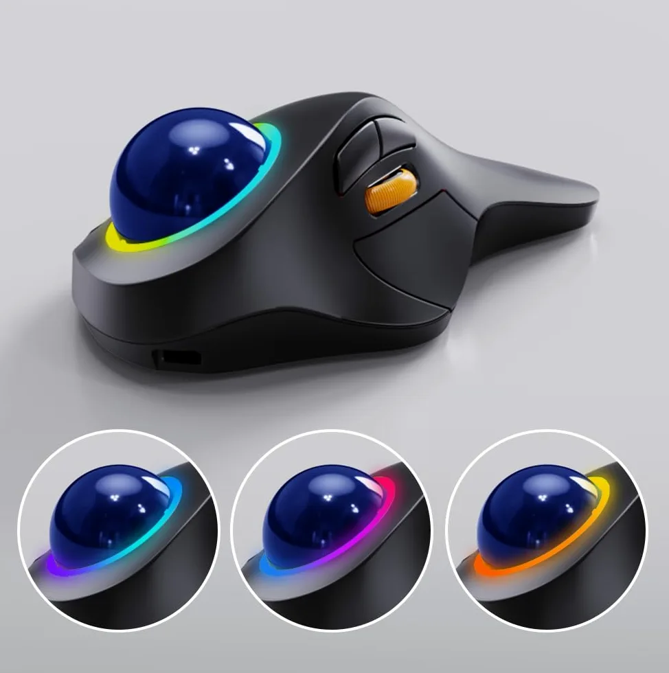 ProtoArc EM03 - Mouse trackball wireless Bluetooth, ergonomico, RGB con trackball, ricaricabile, per computer portatile, connessione a 3 dispositivi, compatibile con iPad, Mac, Windows- Palla Blu