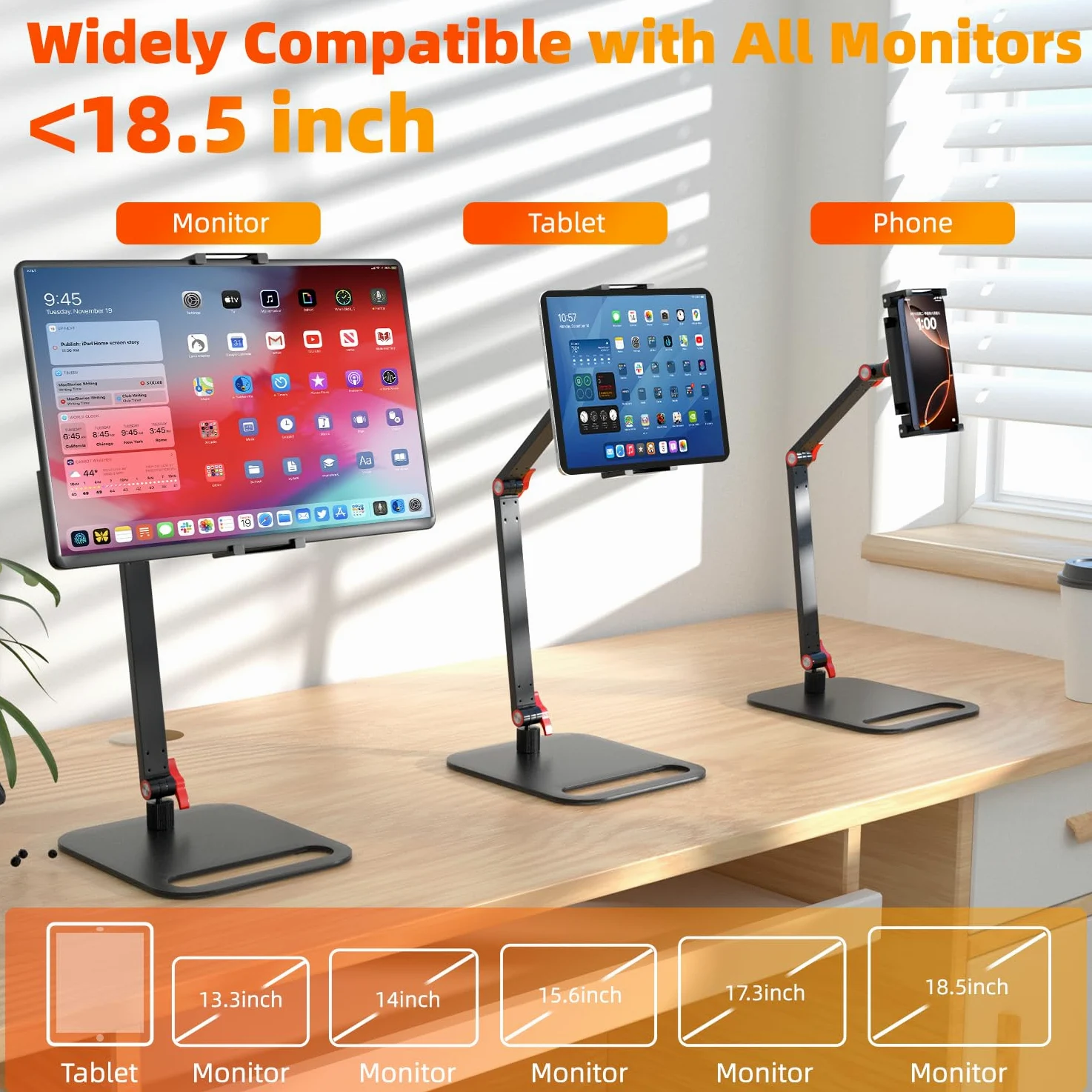 Supporto per monitor portatile regolabile per schermi da 6 a 18,5 pollici, base per display desktop, supporto universale in alluminio portatile da 12,9 pollici