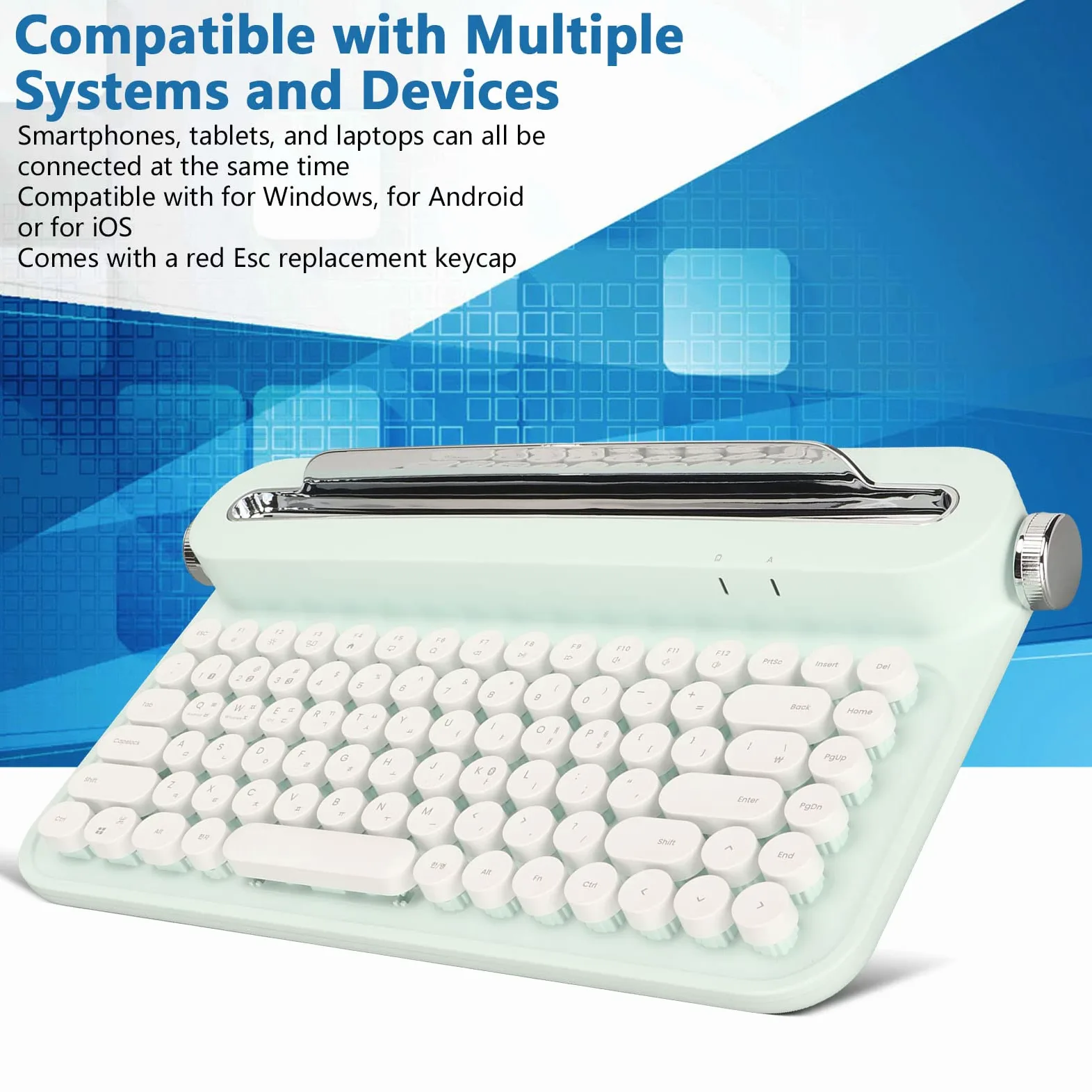 Dpofirs Tastiera da scrivere retrò, 86 tasti, tastiera Bluetooth vintage, tastiera portatile senza fili con supporto integrato per Windows per iOS (verde menta)
