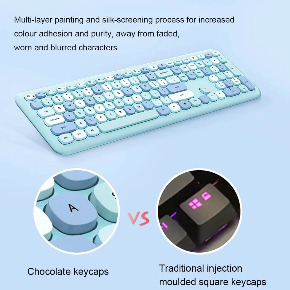 Combinazione Mouse e Tastiera Wireless, Tastiera per Macchina da Scrivere con Tasti Tondi Colorati, Tastiera Kawaii USB 2.4G Compatibile con laptop/computer(blu)