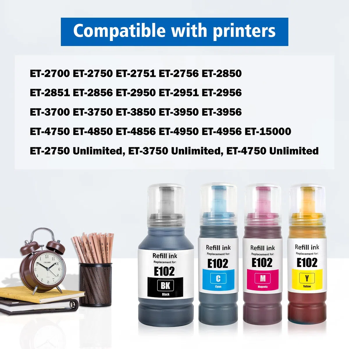 102 Inchiostro Multipla Compatibile per Epson EcoTank ET-2750 ET-2756 ET-2850 ET-2851 ET-2856 ET-3700 ET-3750 ET-3850 ET-4500 ET-4700 ET-4750 ET-4850 ET-4856 ET-15000 Stampante (BK/C/M/Y)