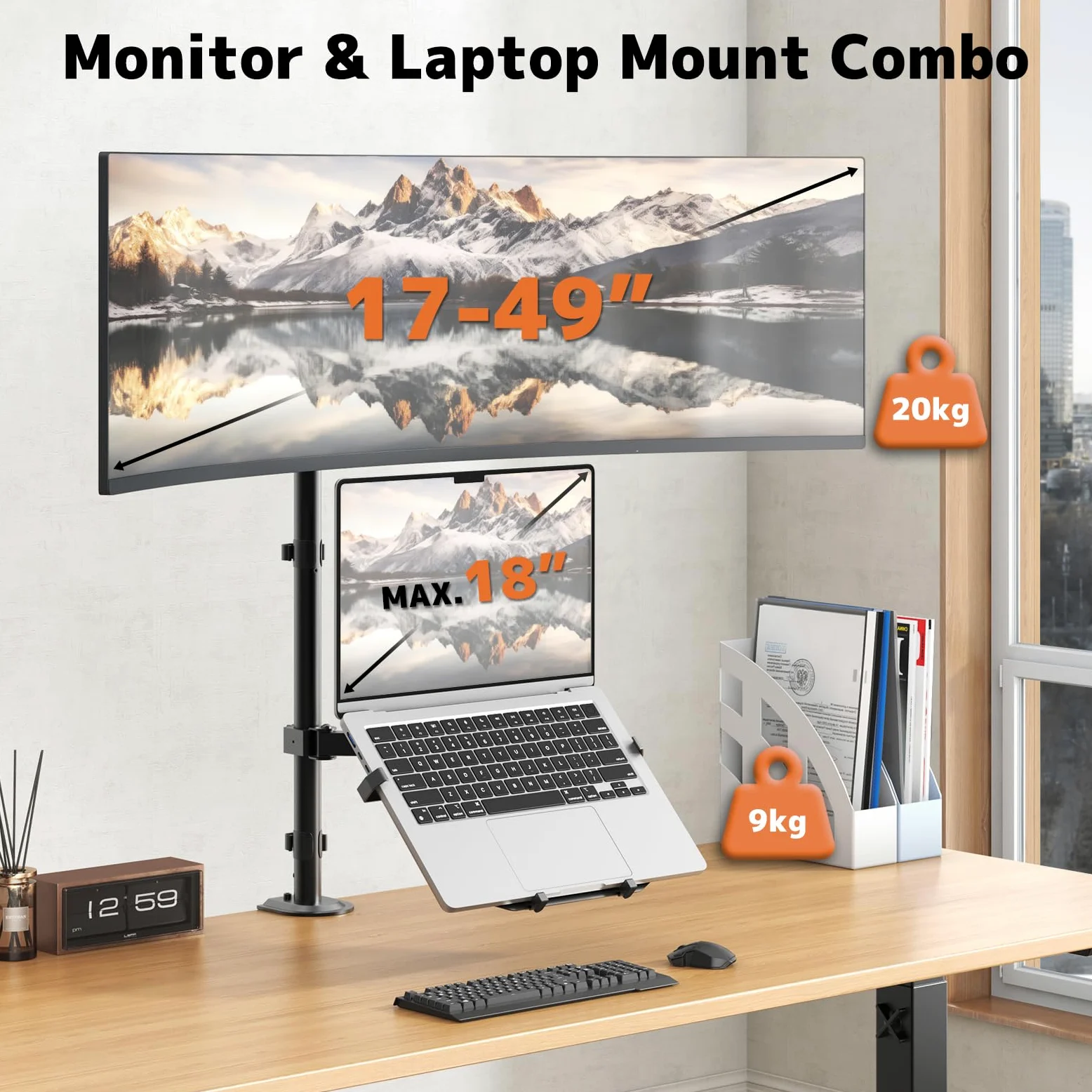 PUTORSEN Supporto per monitor con braccio per laptop per schermi da 17 a 49 pollici e notebook fino a 17 pollici, asta da 81,8 cm regolabile in altezza, braccio per monitor VESA 75/100 mm