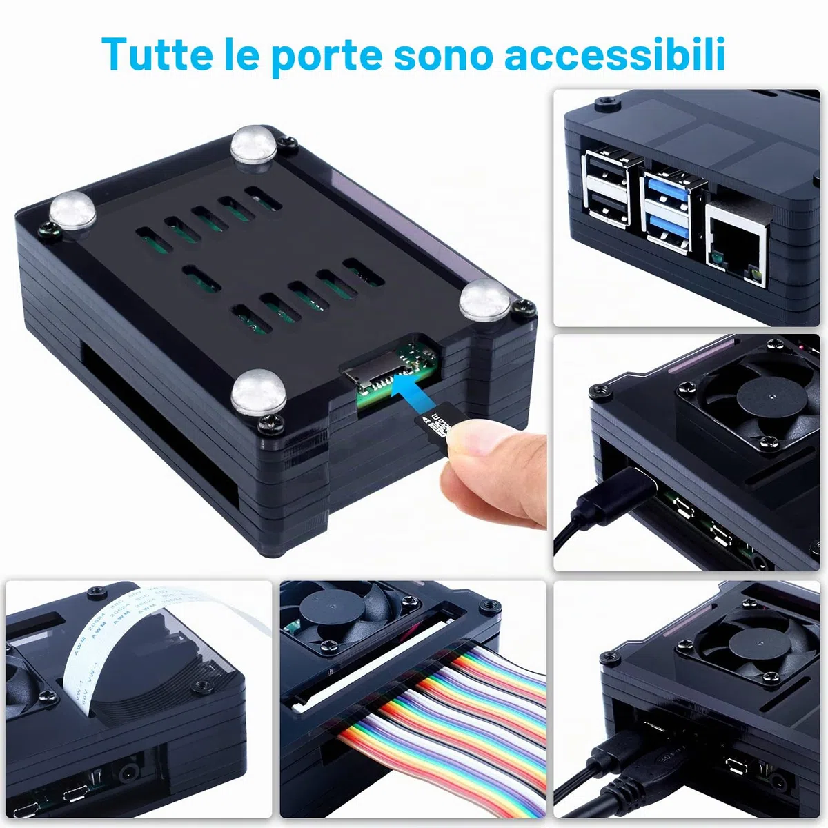 Case per Raspberry Pi 4 con Ventola, 5.1V 3A USB-C Alimentatore, 4 Dissipatore, 1.8M Micro-HDMI Cavo, USB Lettore di Schede, Micro HDMI to HDMI Adattatore per Raspberry Pi 4 Modello B