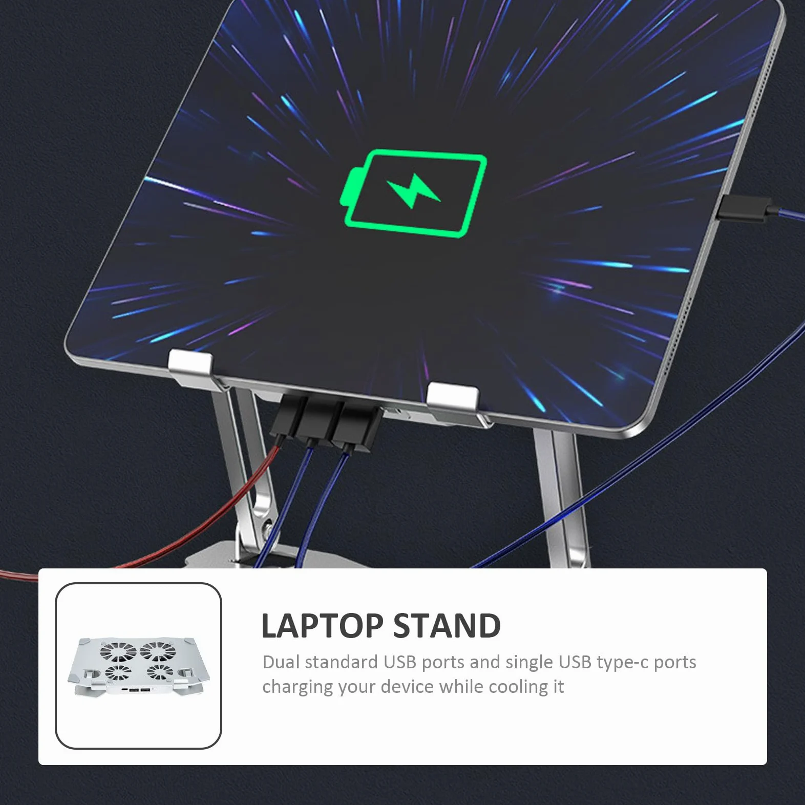 SHINEOFI Supporto per Laptop Regolabile in Altezza e Angolo 4 Ventole di Raffreddamento Silenziose, Struttura in Metallo Argento per Ufficio e Casa