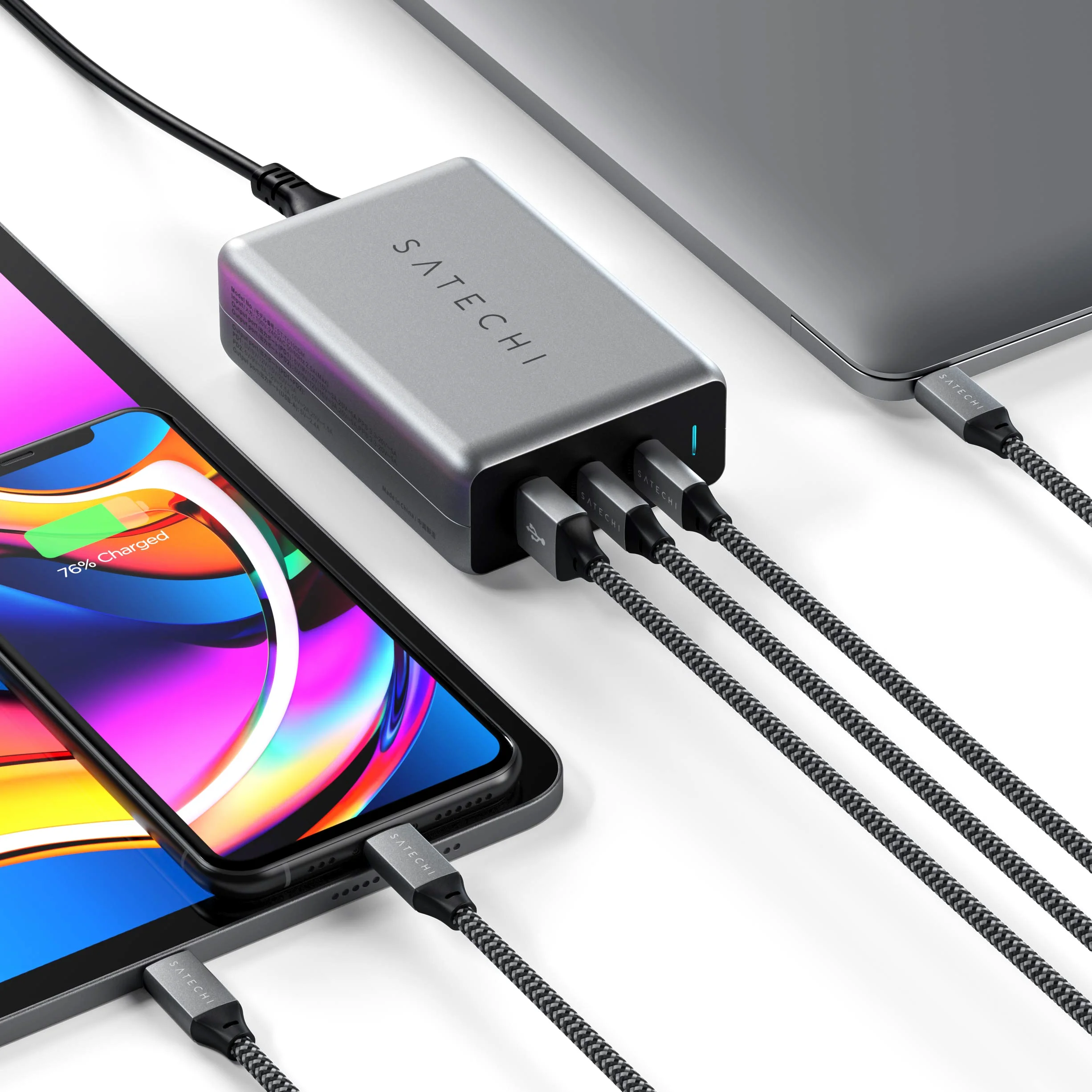 SATECHI Caricatore USB C GaN 100W, 3 Porte, Compatto | 2x Porte USB-C e 1x USB-A, per MacBook Air/Pro/Neo, iPad, iPhone, AirPods, Apple Watch, Android e Windows