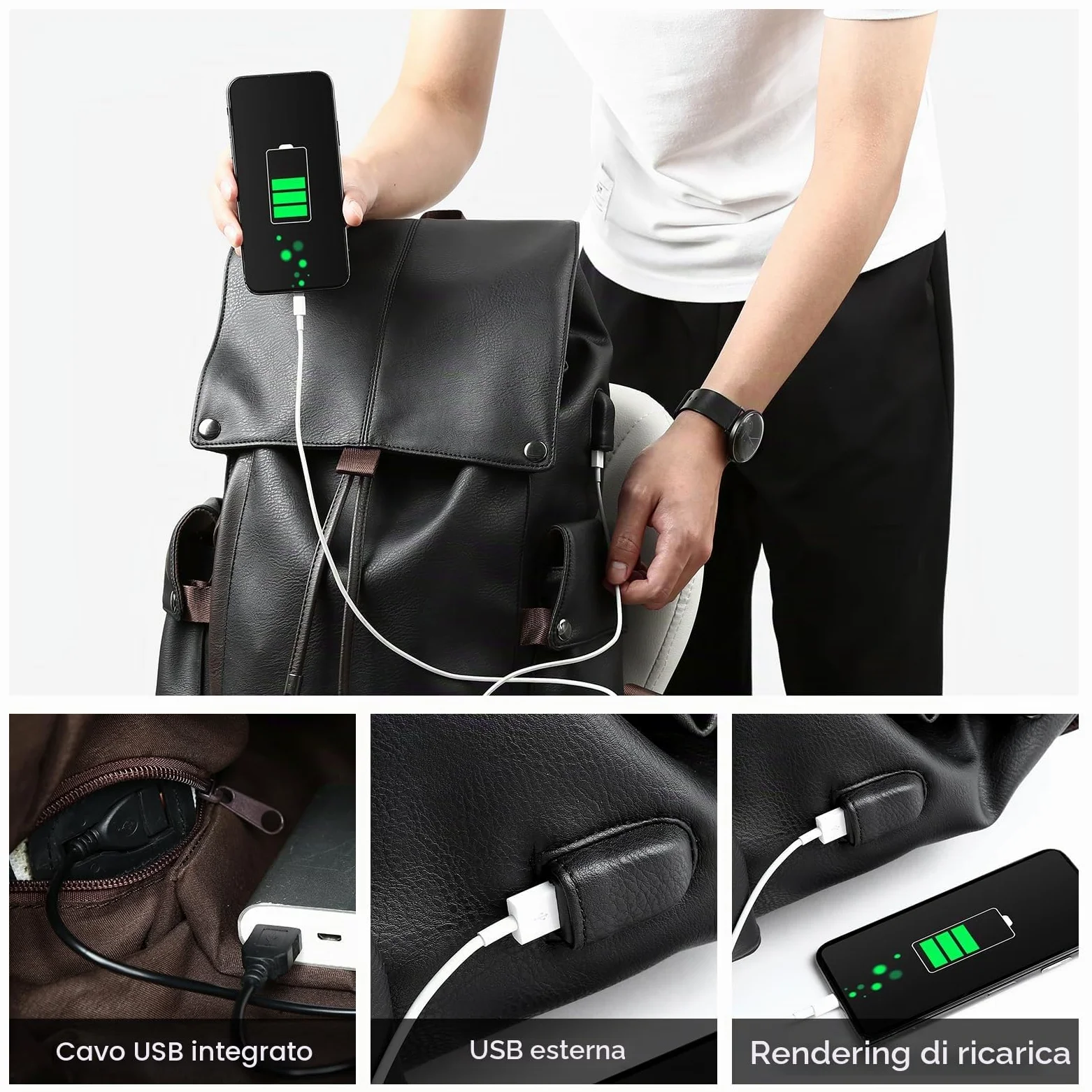 Zaino in Pelle Impermeabile per Laptop 15,6 Pollici, Vintage Elegante per Donna, Lavoro Uomo in Pelle Sintetica, Nero Con Presa USB per Affari, Scuola, Viaggi, Università
