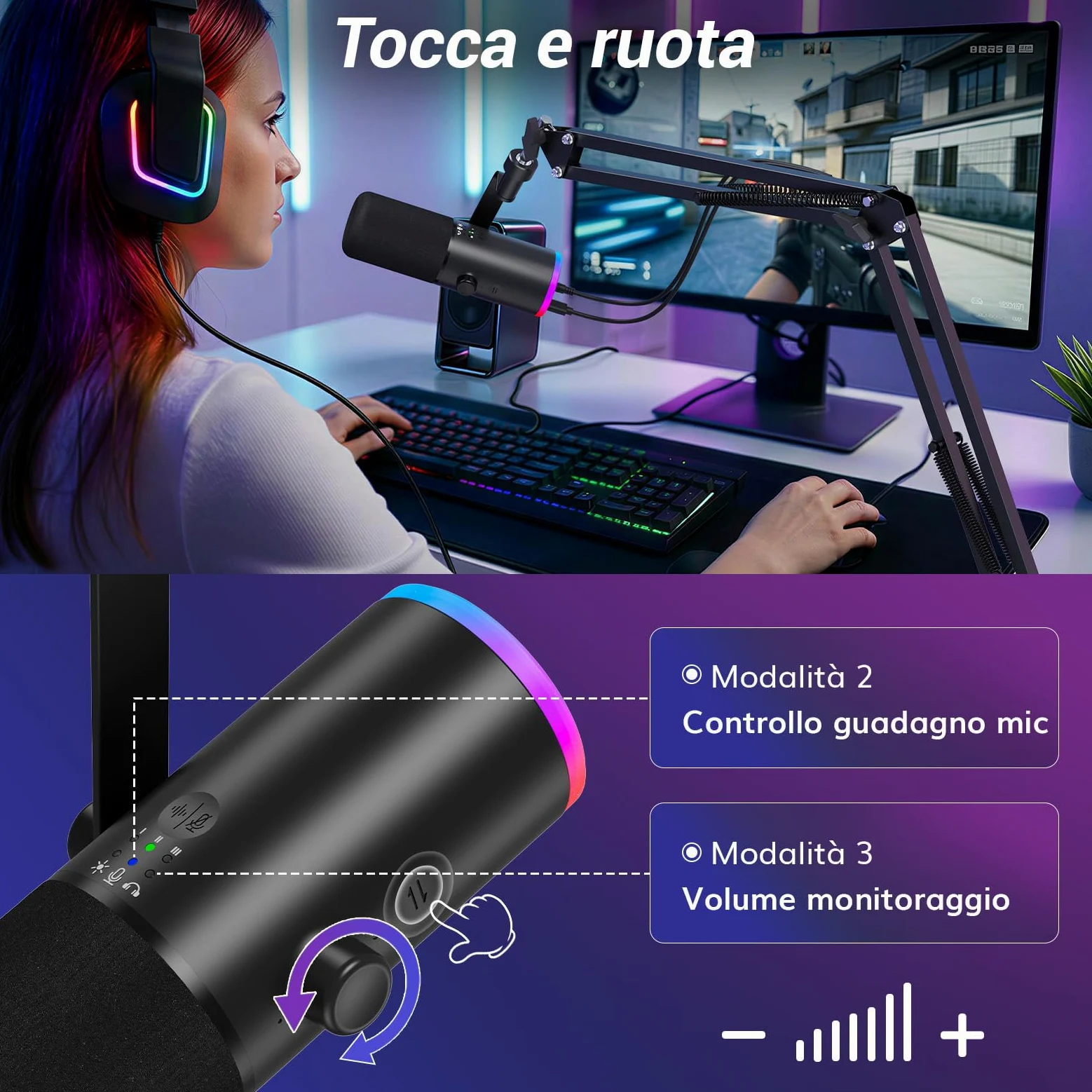 TONOR Microfono Gaming Dinamico per PC, Microfono Cardioide Streaming XLR/USB con Braccio per Podcasting/Studio, Cancellazione Rumore IA, RGB Controllabile, Jack Cuffie 3,5 mm, Nero, TD510 AIR H+