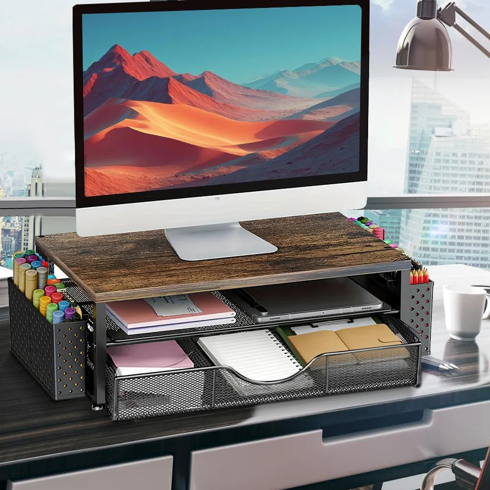 Supporto da scrivania per monitor, organizer da scrivania con 2 portapenne, cassetto, supporto ergonomico da tavolo, accessori da ufficio per schermo e laptop
