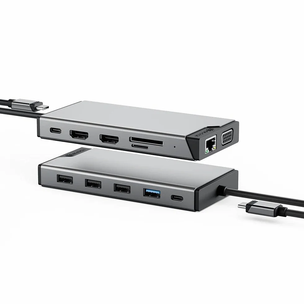 Mini Docking Station ALOGIC USB-C 12 in 1,display triplo, 2xHDMI, 1xVGA, 100W PD, 2xUSB-C, 3xUSB-A 2.0, 1xUSB-A 3.0, 1x porta SD/TF, RJ45, MacBook/Surface e altri compatibili con Dispositivi USB-C