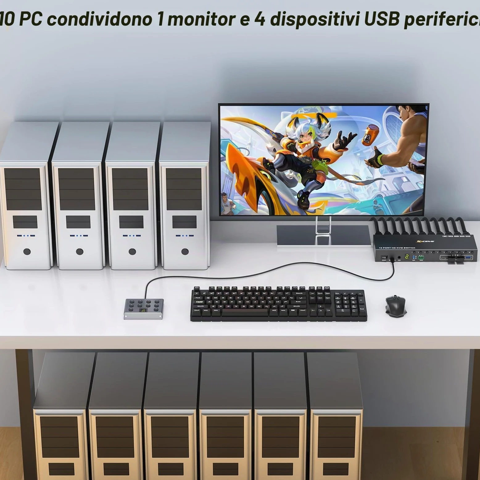 10 Porte 8 Porte KVM Switch HDMI 4K@60Hz Simulazione EDID, USB 3.0 10 PC Switch KVM Condividono 1 Monitor e 4 Dispositivi USB, Audio, RS232, Dotato Cavo Remoto, Alimentazione 12V e 10*Cavo USB