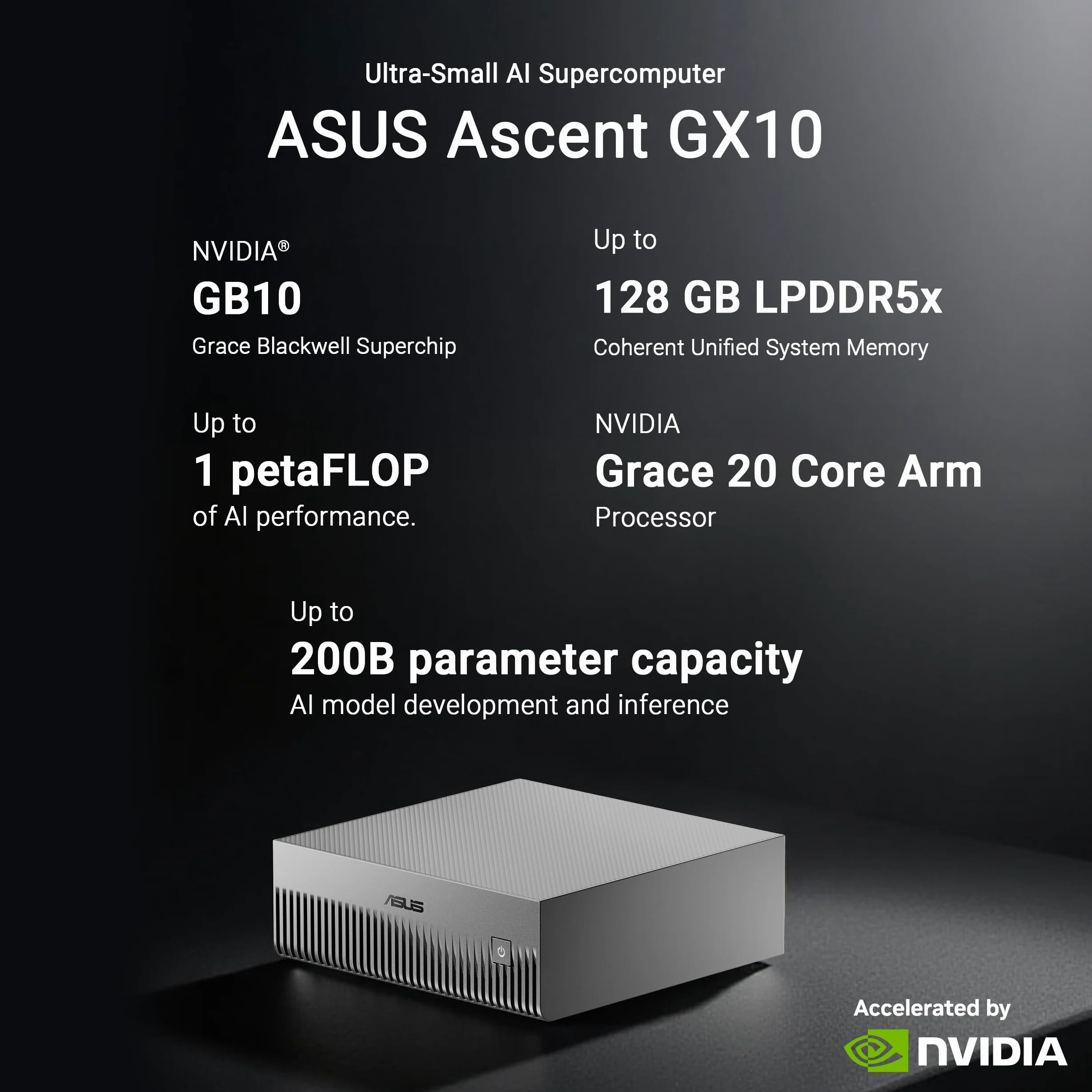 ASUS GX10, Computer AI Desktop, Superchip NVIDIA GB10 e NVIDIA DGX, 128GB LPDDR5x, 1TB di Memoria Installata, Agentic AI Sacalabile, Versione Tall, Grigio