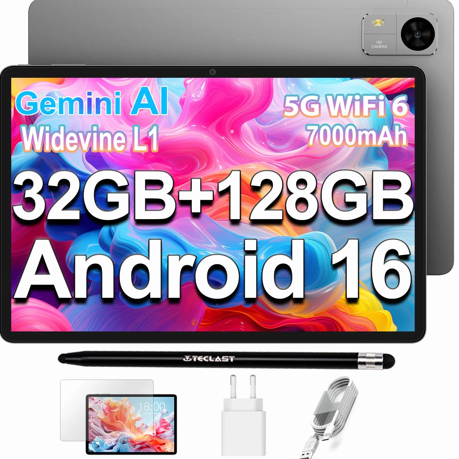 TECLAST M50T Android 16 Tablet 10.1 Pollici Gemini AI, 2GHz Octa-Core, 32GB RAM+128GB ROM+5TB TF, 7000mAh, 2.4G+5G WiFi, GMS Widevine L1, Bluetooth 5.4, 13MP, Face ID/3.5MM/OTG, 2026 Tablets con Penna
