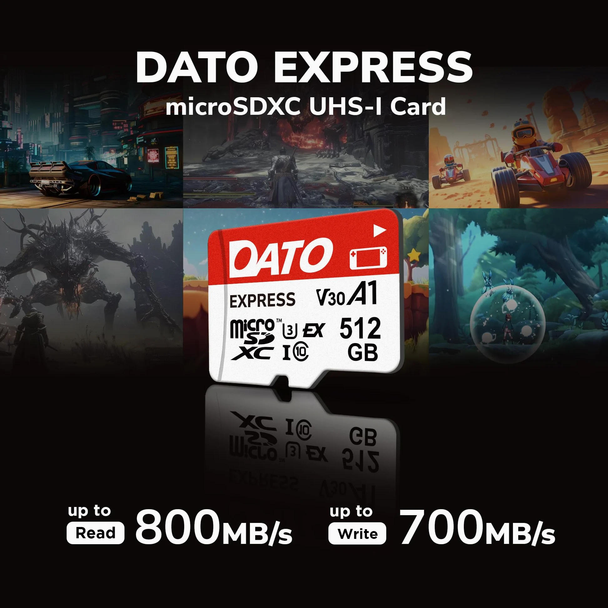 DATO Express - Scheda di memoria microSDXCEX da 512 GB PCIe Gen3x1 NVMe UHS-I C10 U3 V30 A1 4K8K UHD fino a 800/700 MB/s Compatibile con console di gioco Gen Switch 2 Action Camera Droni Telecamere