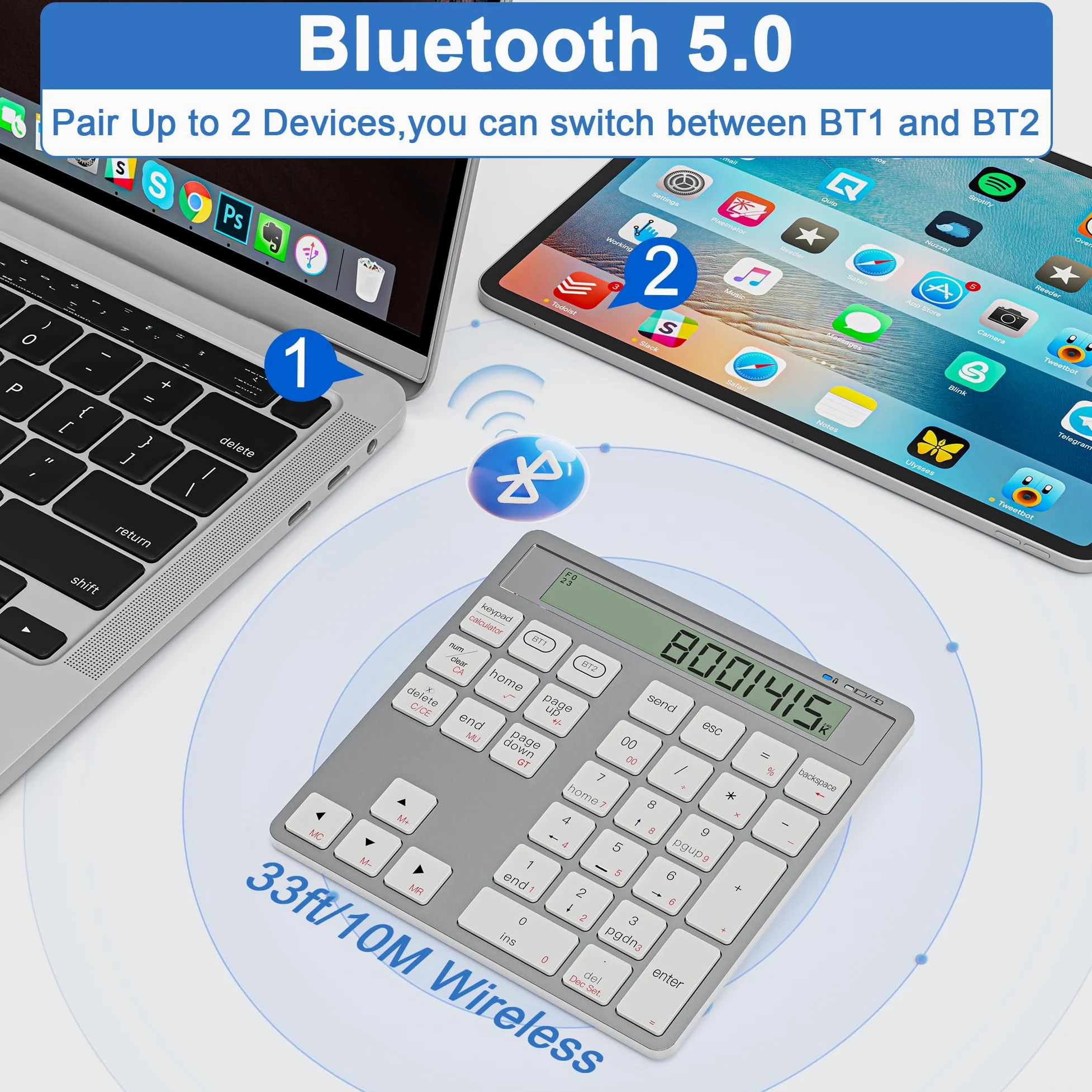 Tastierino numerico 2-in-1 ricaricabile con Bluetooth e USB, 34 tasti con display calcolatrice, sottile e portatile per PC/Mac/tablet, inserimento dati e contabilità rapidi