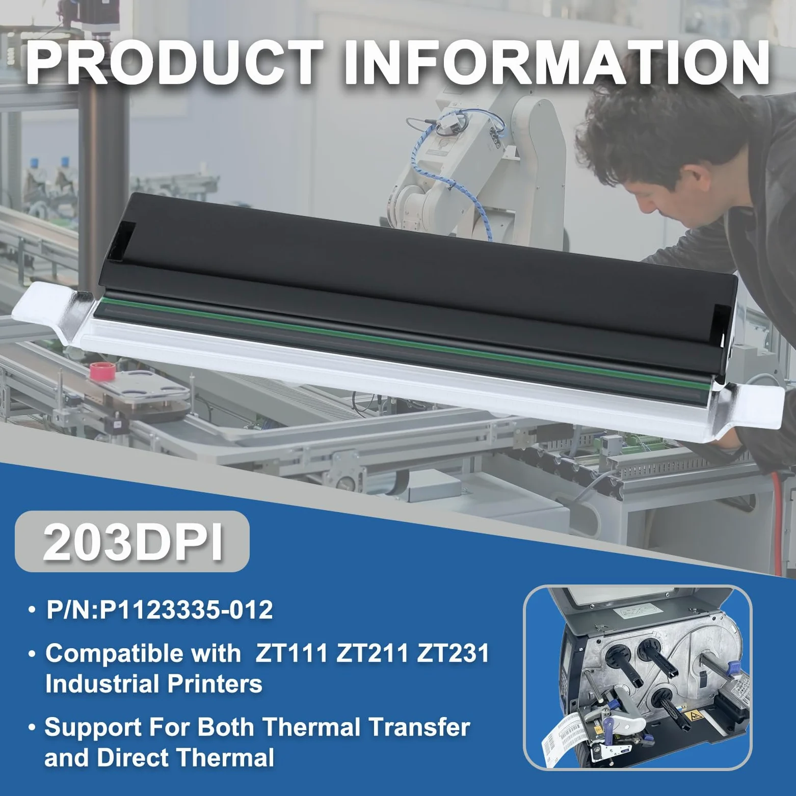 Nuova testina di stampa termica P1123335-012 per Zebra ZT111 ZT211 ZT231 Codice a barre 200DPI Testina stampante OEM Ricambi di ricambio