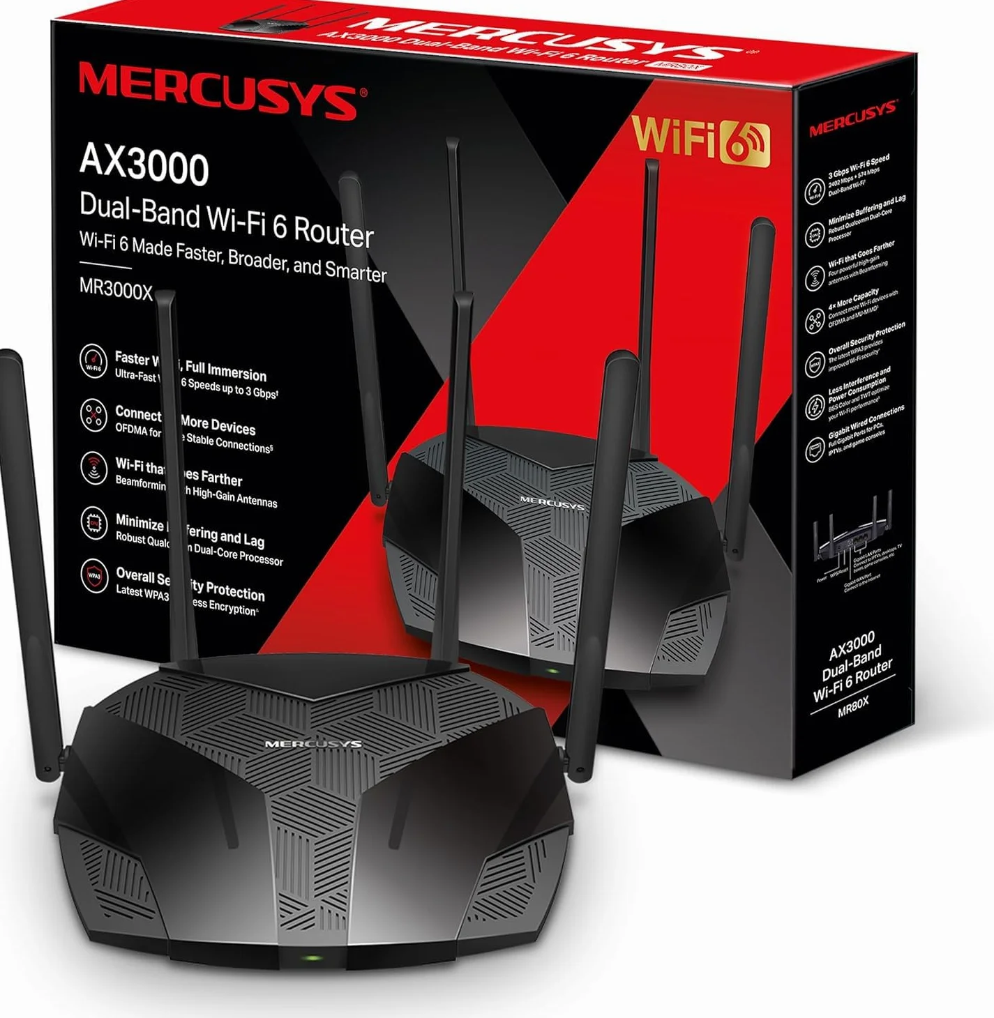 Mercusys TP-Link MR3000X AX3000Mbps Router WiFi 6 Dual-Band, 4 Porta Gigabit, 2402Mbps su 5 GHz e 574Mbps su 2,4 GHz, 4 Antenne Ad Alto Guadagno, OFDMA, WPA3, Canali da 160MHz,VPN, non supporta xDSL