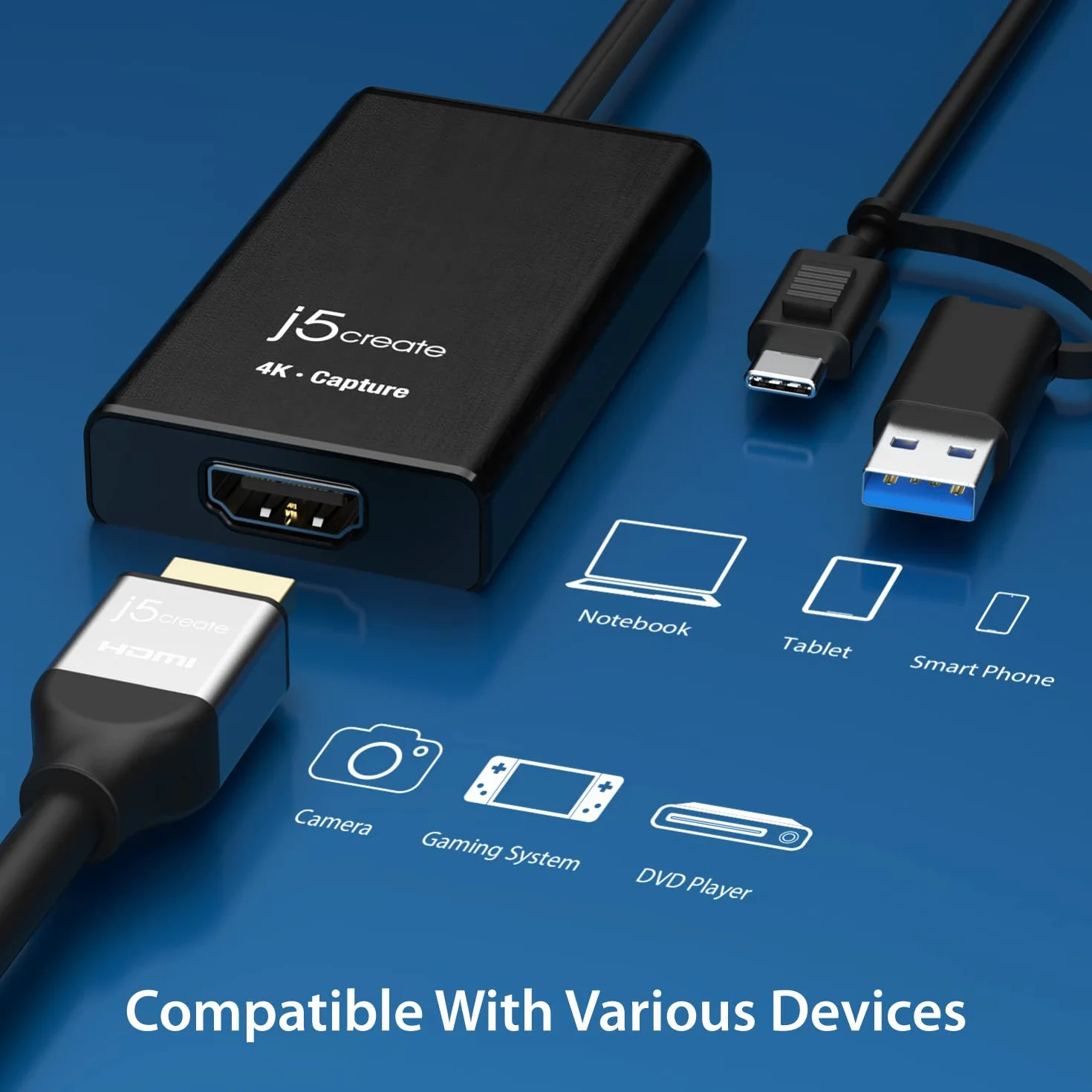 j5create 4K HDMI Video Capture Card, DSLR Cam Link, Game Capture Adapter per giochi in diretta, broadcasting, streaming, videoconferenza | Supporto 4K30, 2K60, 1080p120 (JVA11)