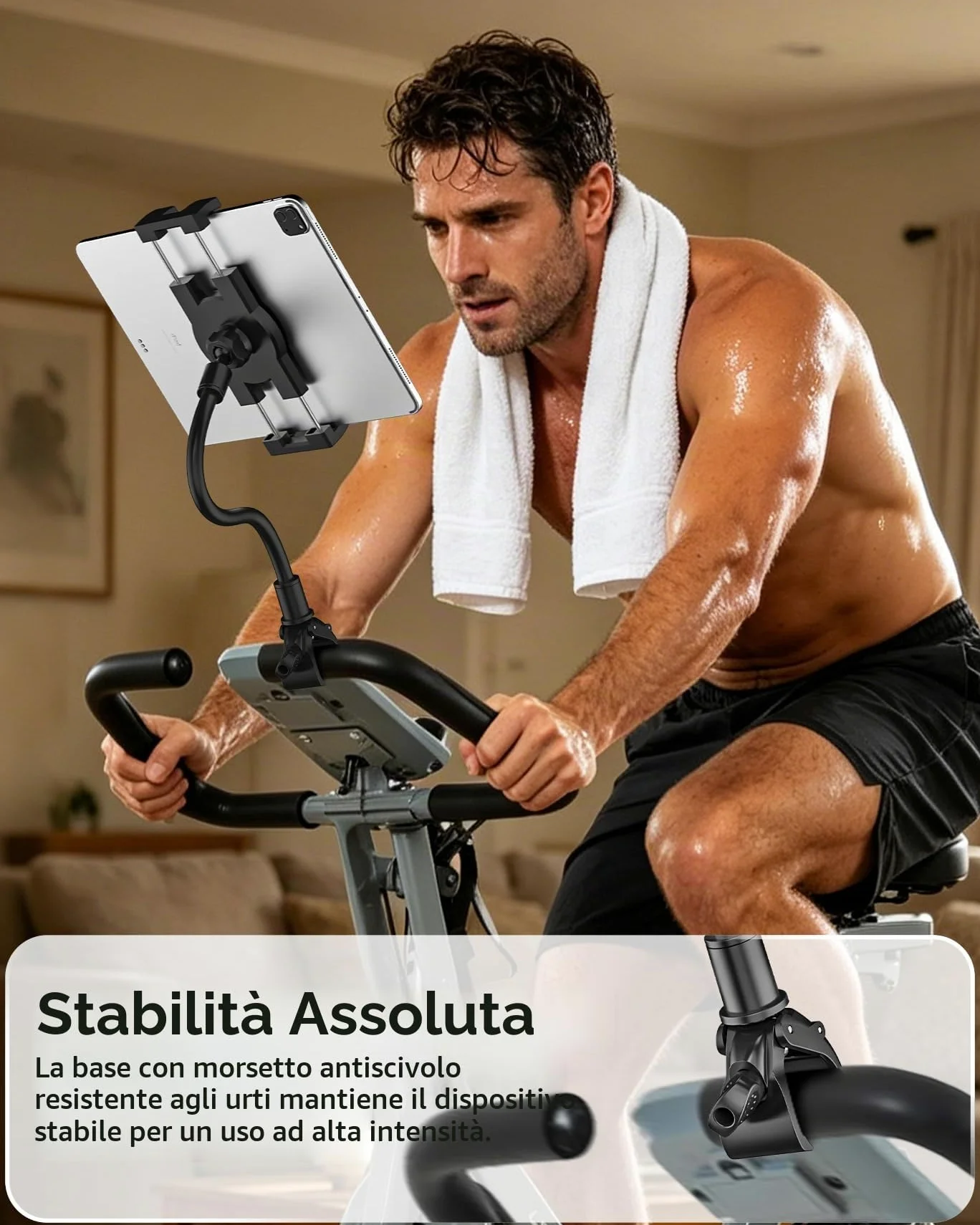 Supporto Tablet Bici Spinning, Porta iPad Bicicletta Cyclette Tapis Roulant | con Collo Oca in Metallo, per iPad Pro 12.9, 10.5, 9.7, iPad Air Mini, Samsung Tab, iPhone 4-13" Telefonos Tablets