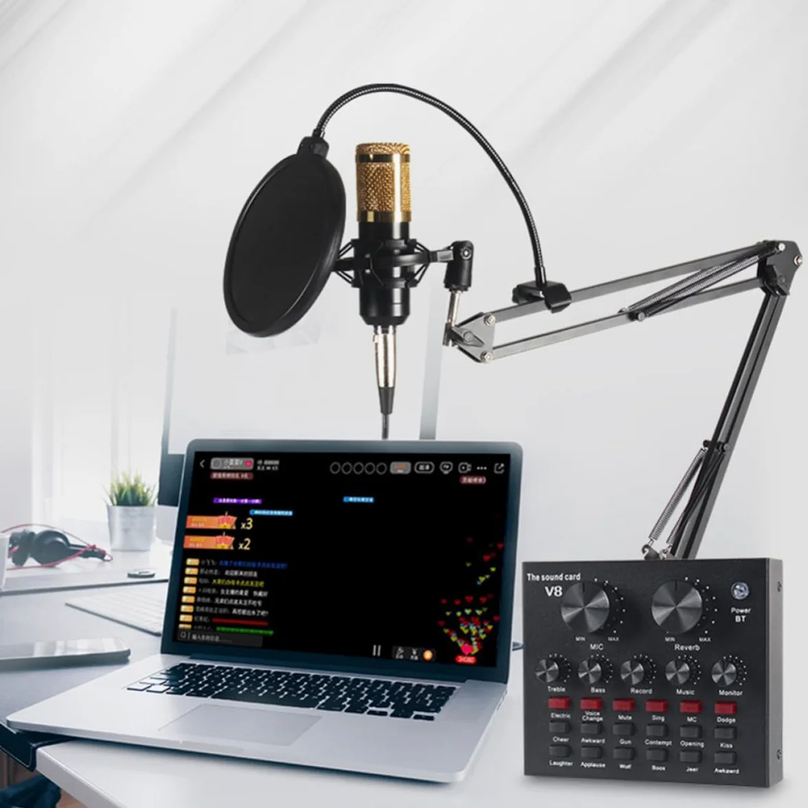 Housoutil Scheda Audio Esterna Professionale Mixer Audio e Effetti, Microfono Condensatore Nero in Metallo Volume Regolabile per Live Streaming e Canto