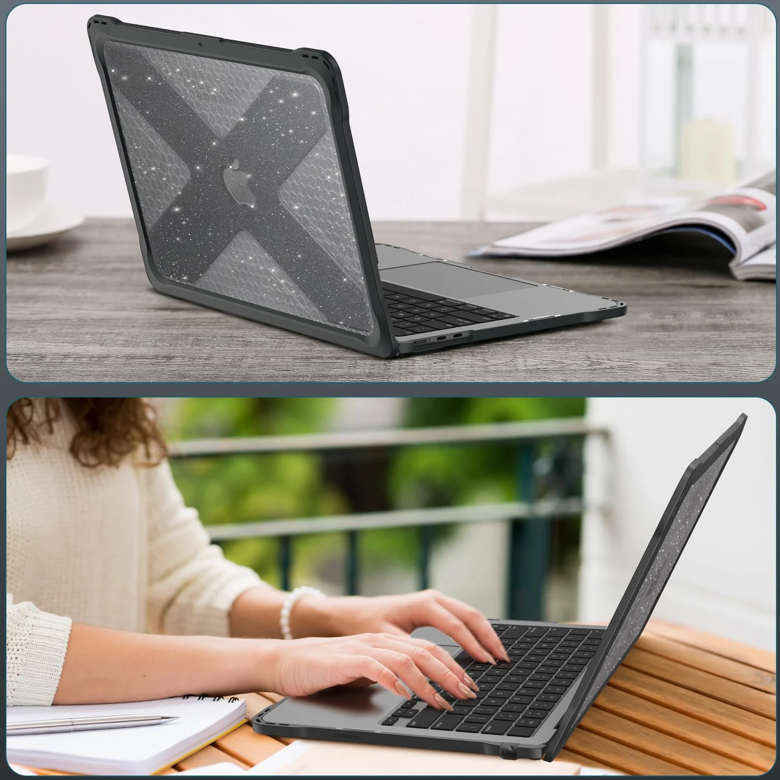 FINTIE Custodia Compatibile con MacBook Air 13.6 Pollici M5/M4/M3/M2 (2026/2025/2024/2022, A3449/A3240/A3113/A2681), Antiurto Robusto Case con Bordo in TPU, Glittering Nero