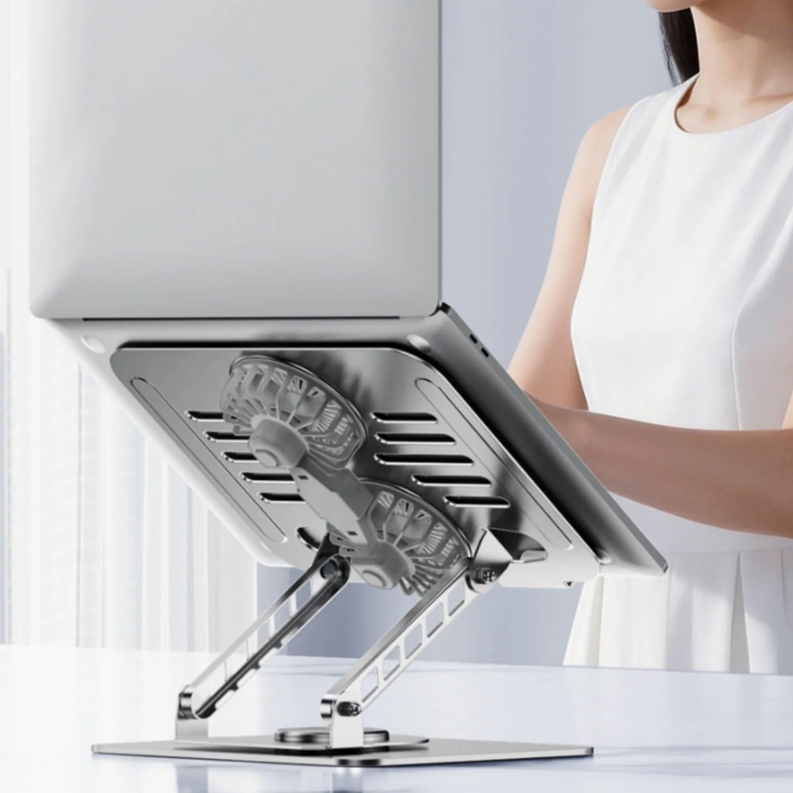 Supporto Laptop Raffreddamento Alluminio Struttura Doppio Braccio Ventilazione Base Rotante Portatile Pieghevole Antiscivolo per Lavoro, Argento, Argento, 17 Pollici